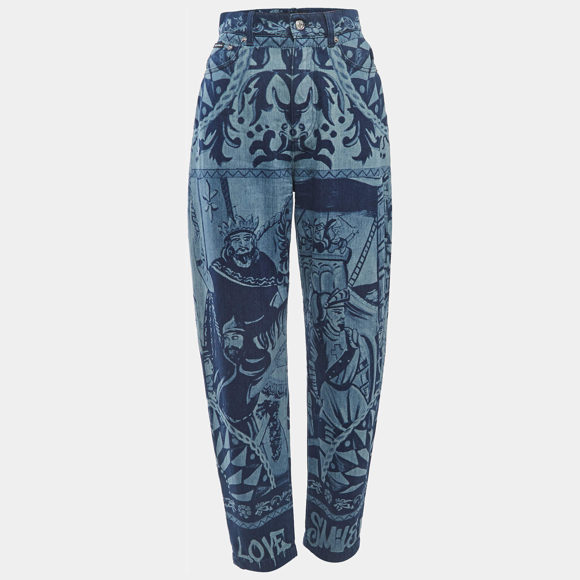 Pre Owned Dolce & Gabbana Blue Medieval Print Denim High Waist Boyfriend Jeans S Waist 26"