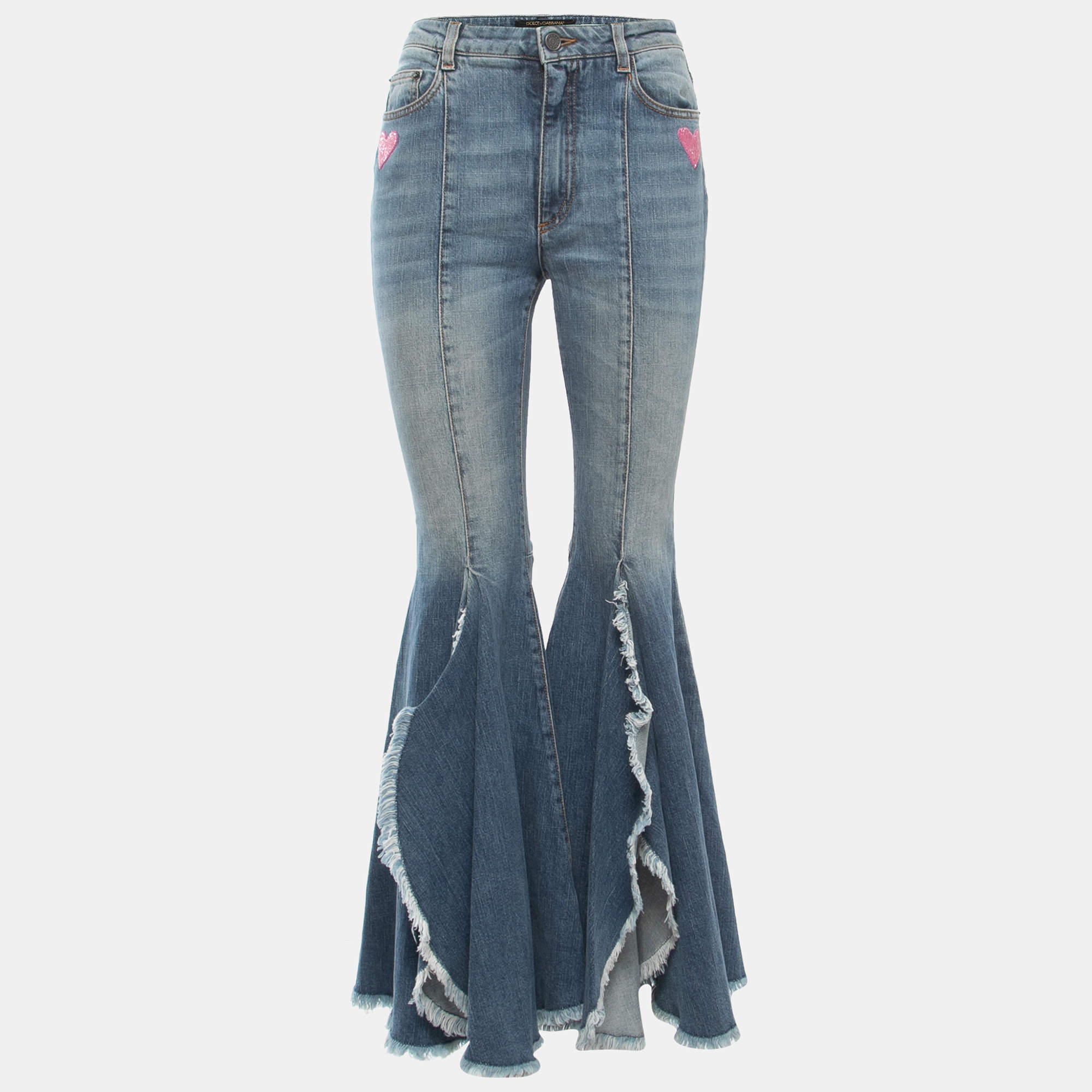 Pre Owned Dolce & Gabbana Blue  Washed Denim Embellished Heart Detail Flared Jeans S Waist 26"