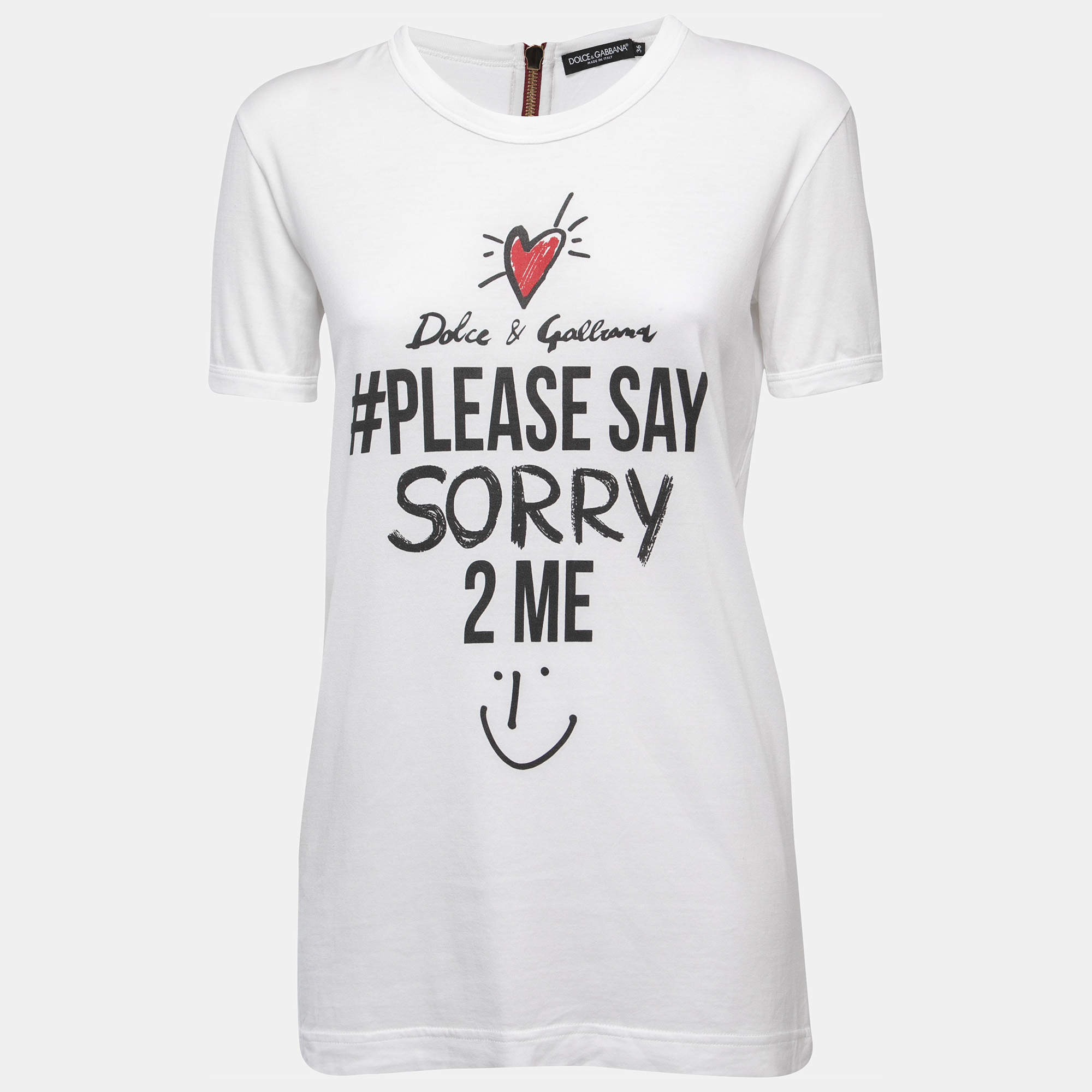 Pre Owned Dolce & Gabbana White Print Cotton Embellished Zip Detail Short Sleeve T-Shirt XS