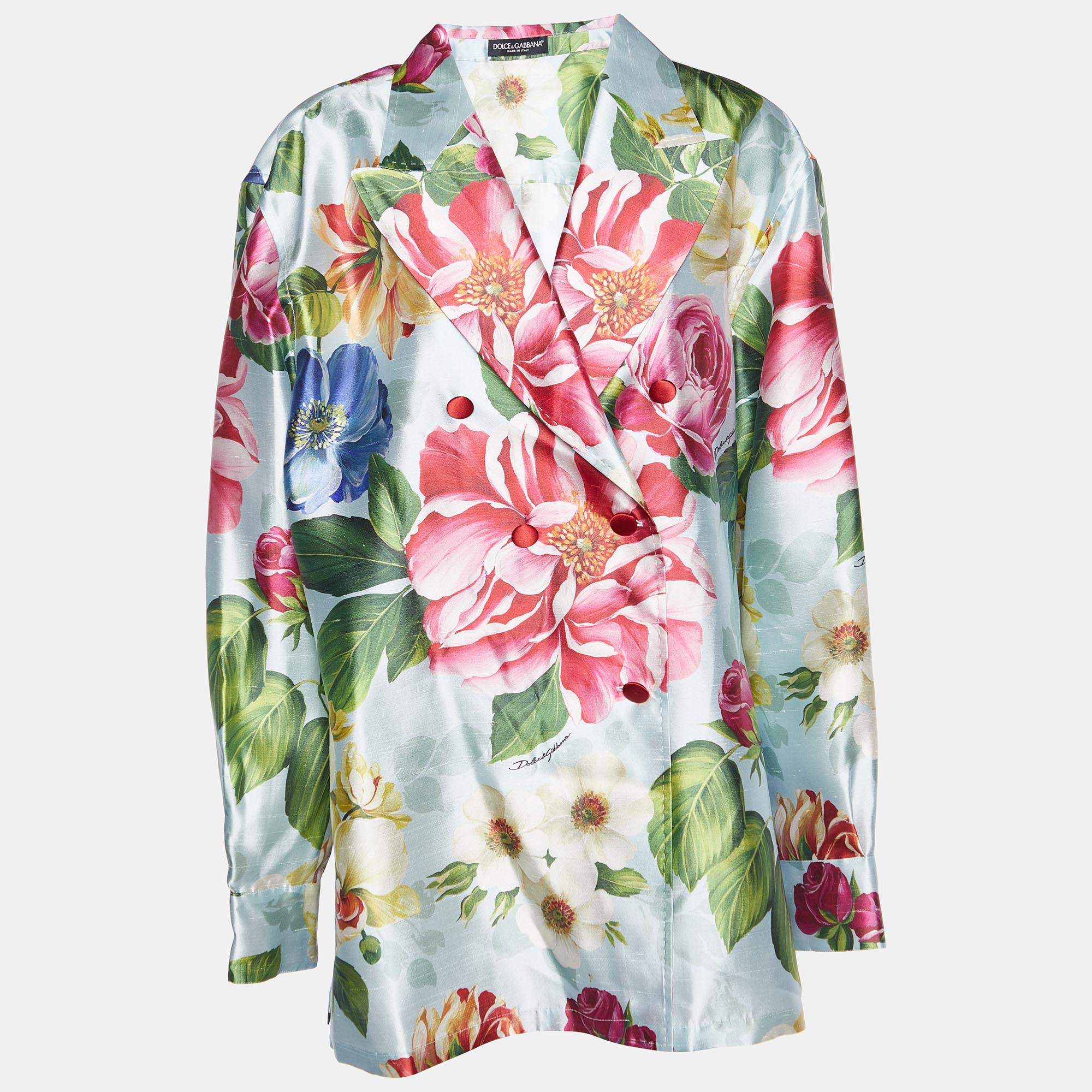 Pre Owned Dolce & Gabbana Blue Floral Printed Silk Double Breasted Blazer XL