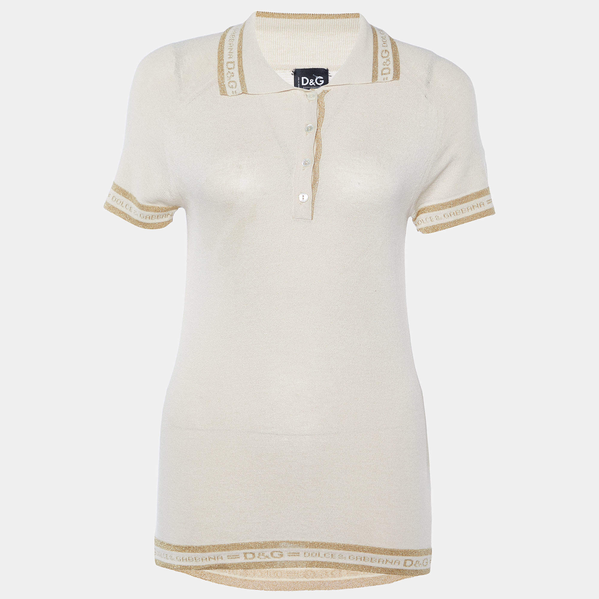Pre Owned Dolce & Gabbana Beige Knit Logo Detail Polo T-shirt L