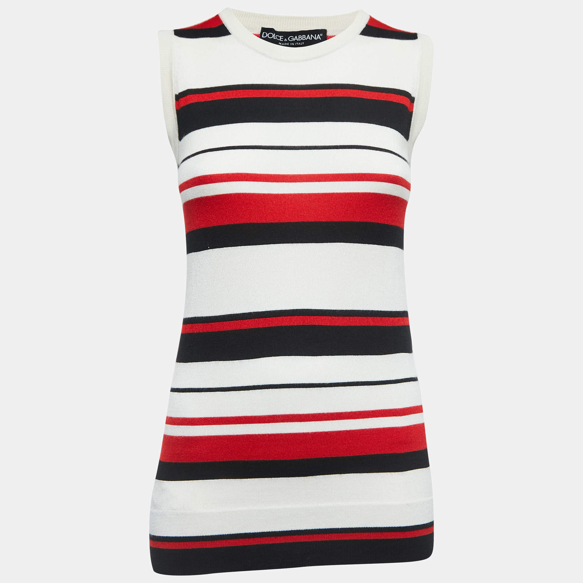 Pre Owned Dolce & Gabbana Cream Striped Knit Sleeveless Top M