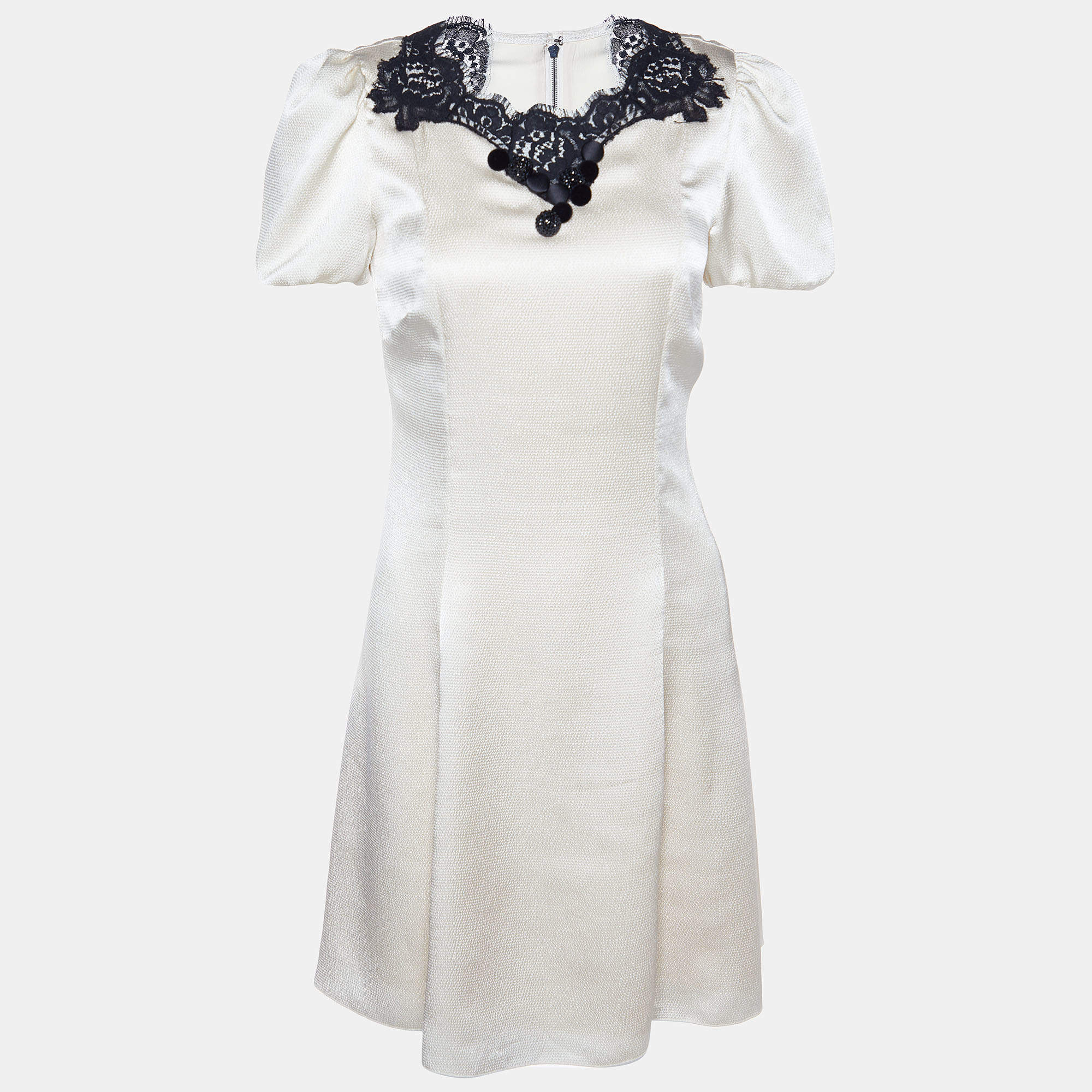 Pre Owned Dolce & Gabbana Cream Textured Satin Contrast Detail Min Dress S
