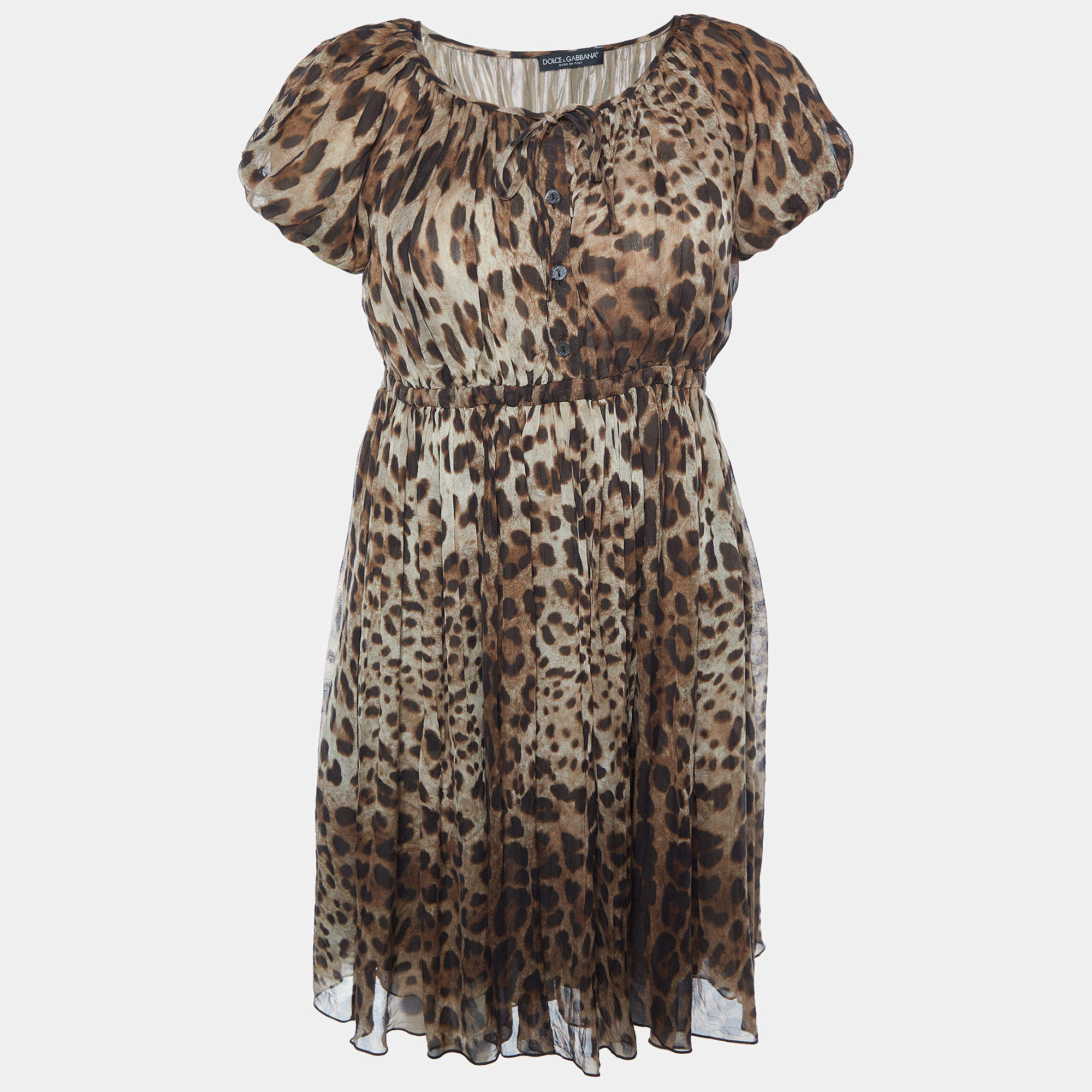 Pre Owned Dolce & Gabbana Brown Animal Printed Silk Pleated Dress S