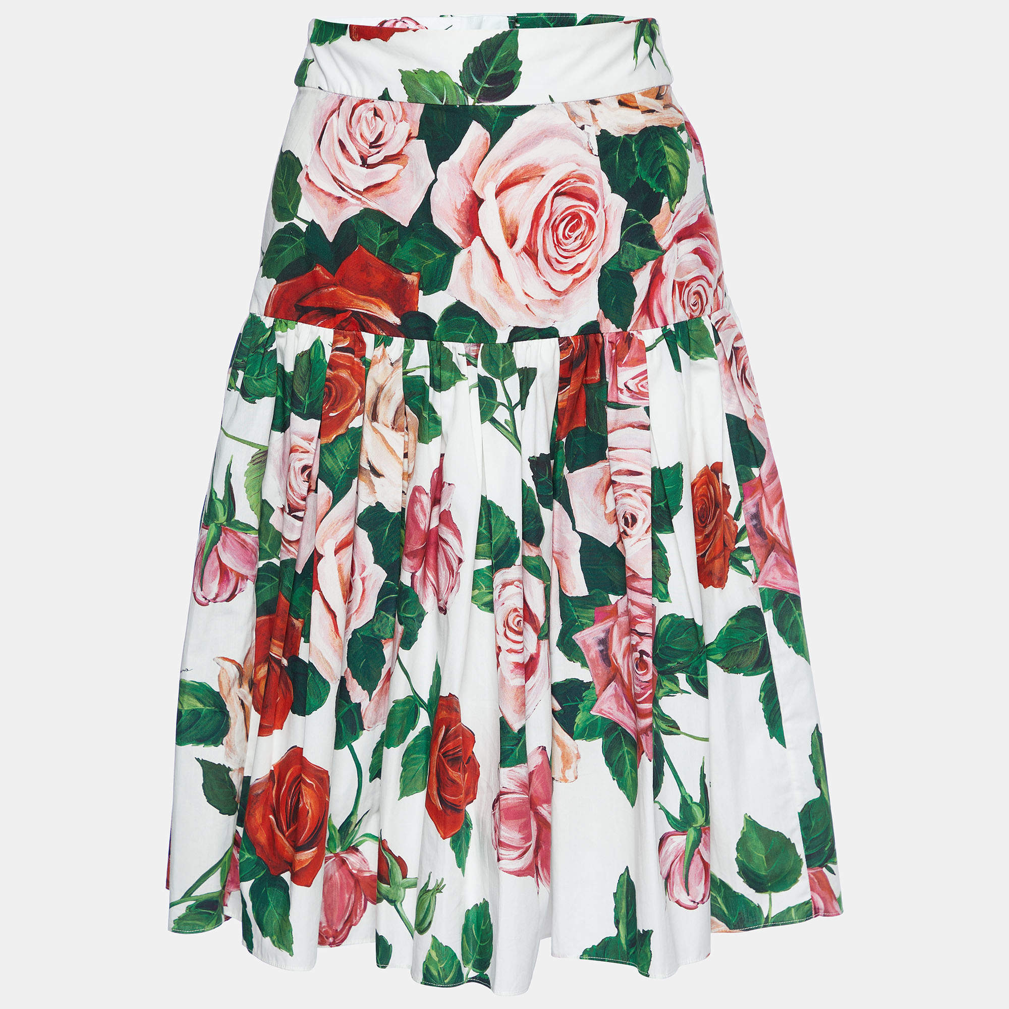 Pre Owned Dolce & Gabbana White Roses Printed Cotton Skirt S