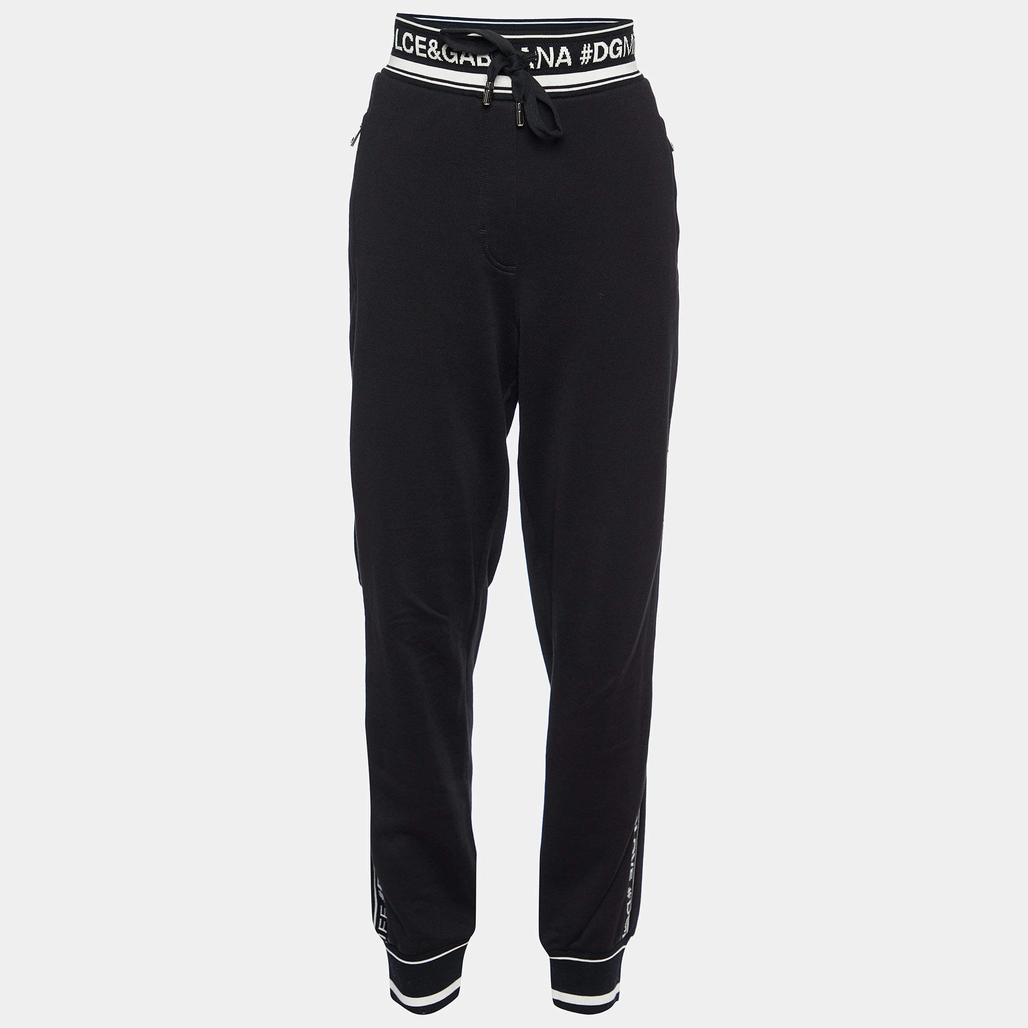 Pre Owned Dolce & Gabbana Black Logo Cotton Knit Joggers M