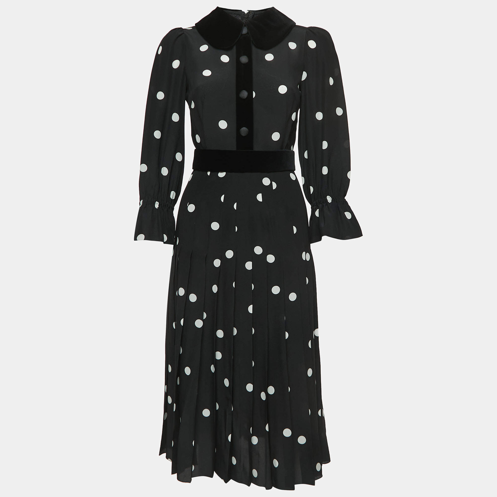 Pre Owned Dolce & Gabbana Black Polka Dotted Silk Blend Velvet Trim Pleated Midi Dress S