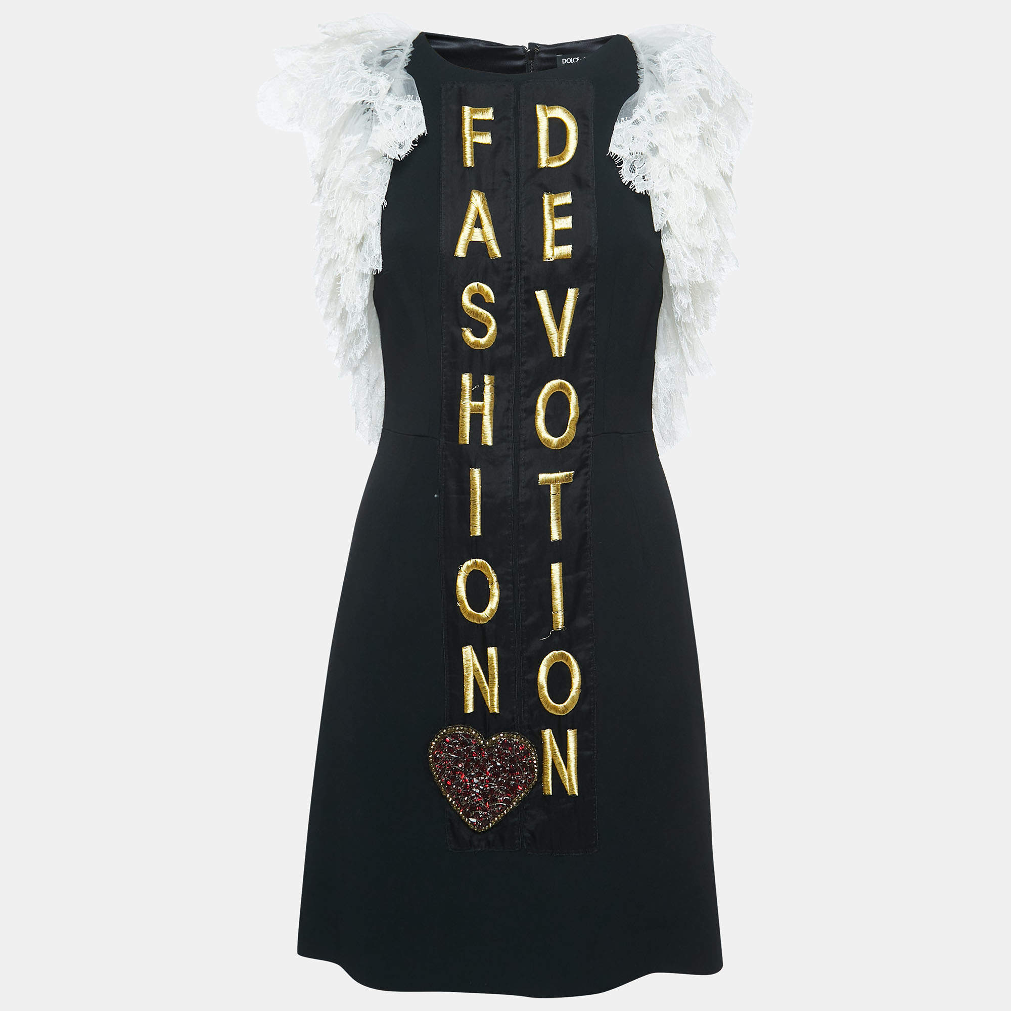 Pre Owned Dolce & Gabbana Black Embroidered Crepe Lace Detailed Sleeve Mini Dress S