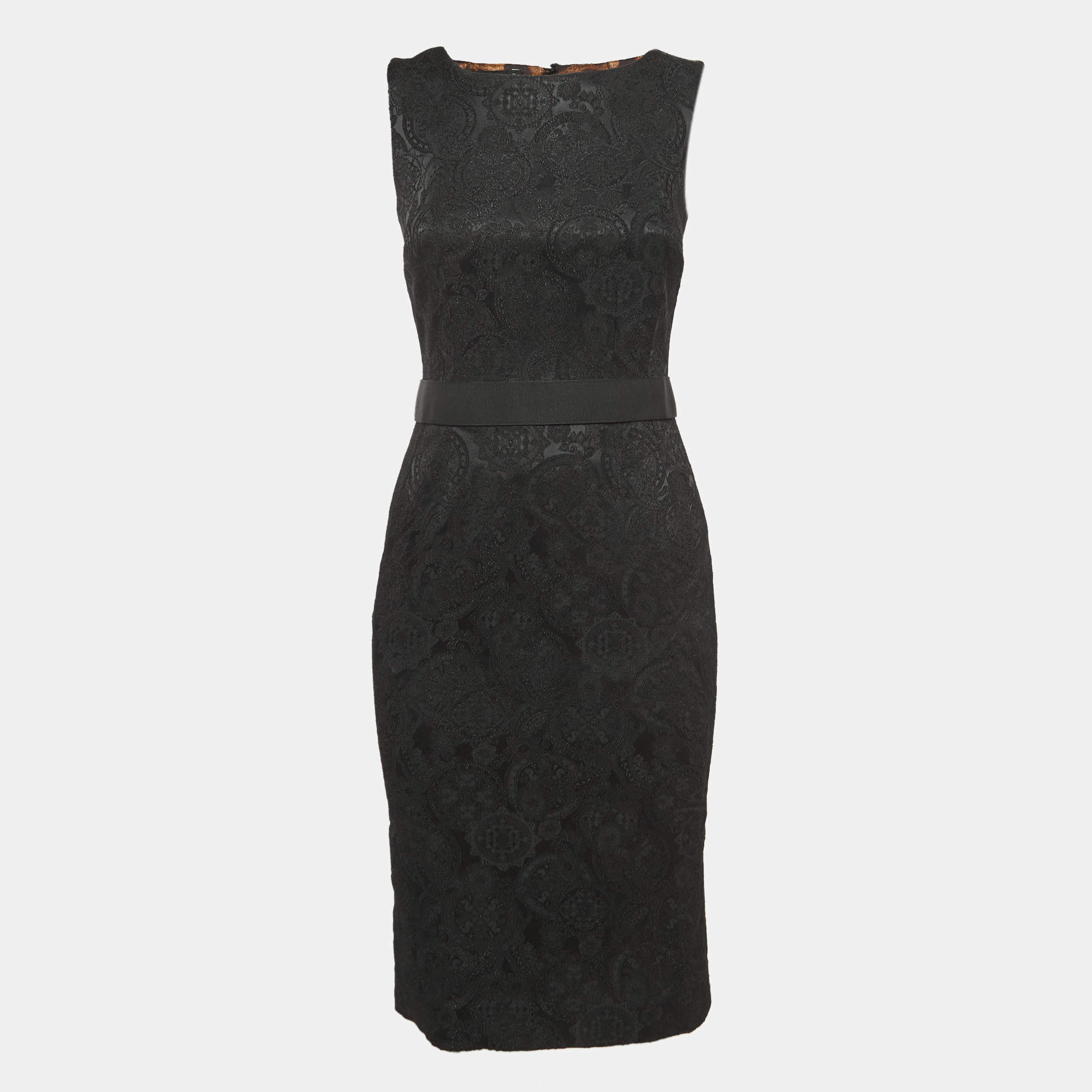 Pre Owned Dolce & Gabbana Black Jacquard Sheath Midi Dress S