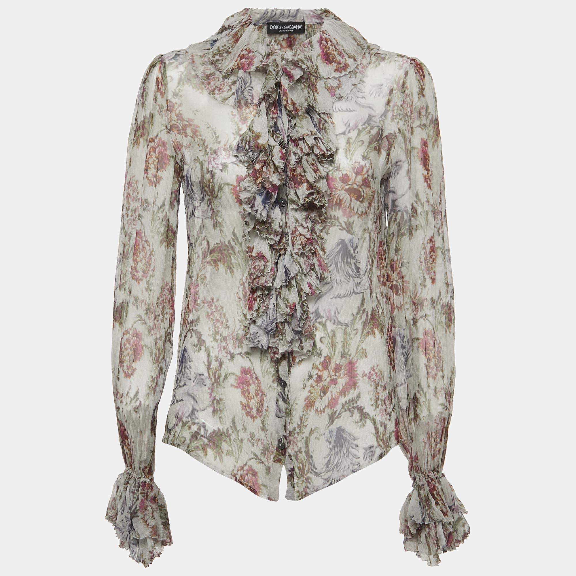 Pre Owned Dolce & Gabbana Grey/Multicolor Floral Print Sheer Silk Ruffled Blouse S