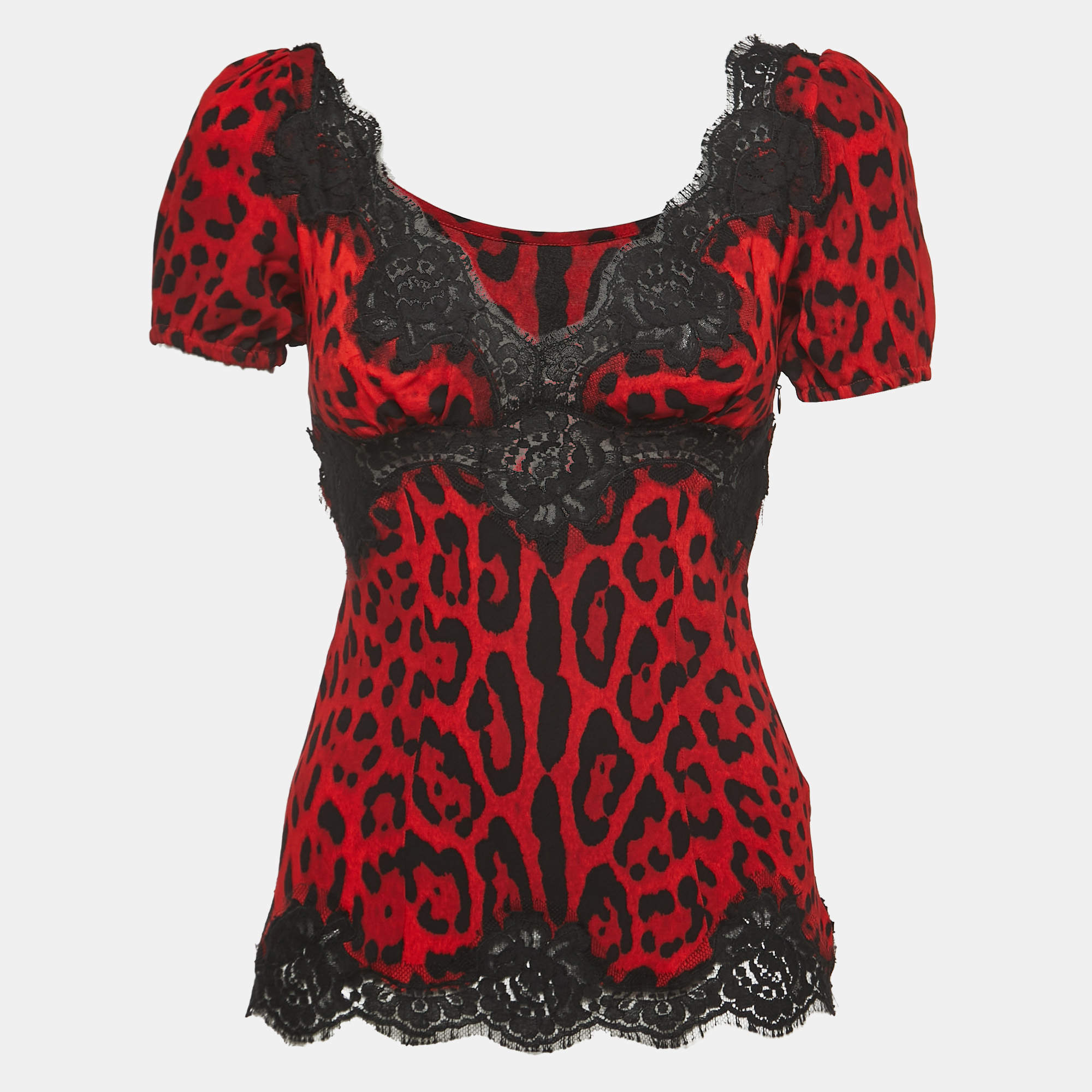 Pre Owned Dolce & Gabbana Red Leopard Print Silk Lace Trimmed Top XS