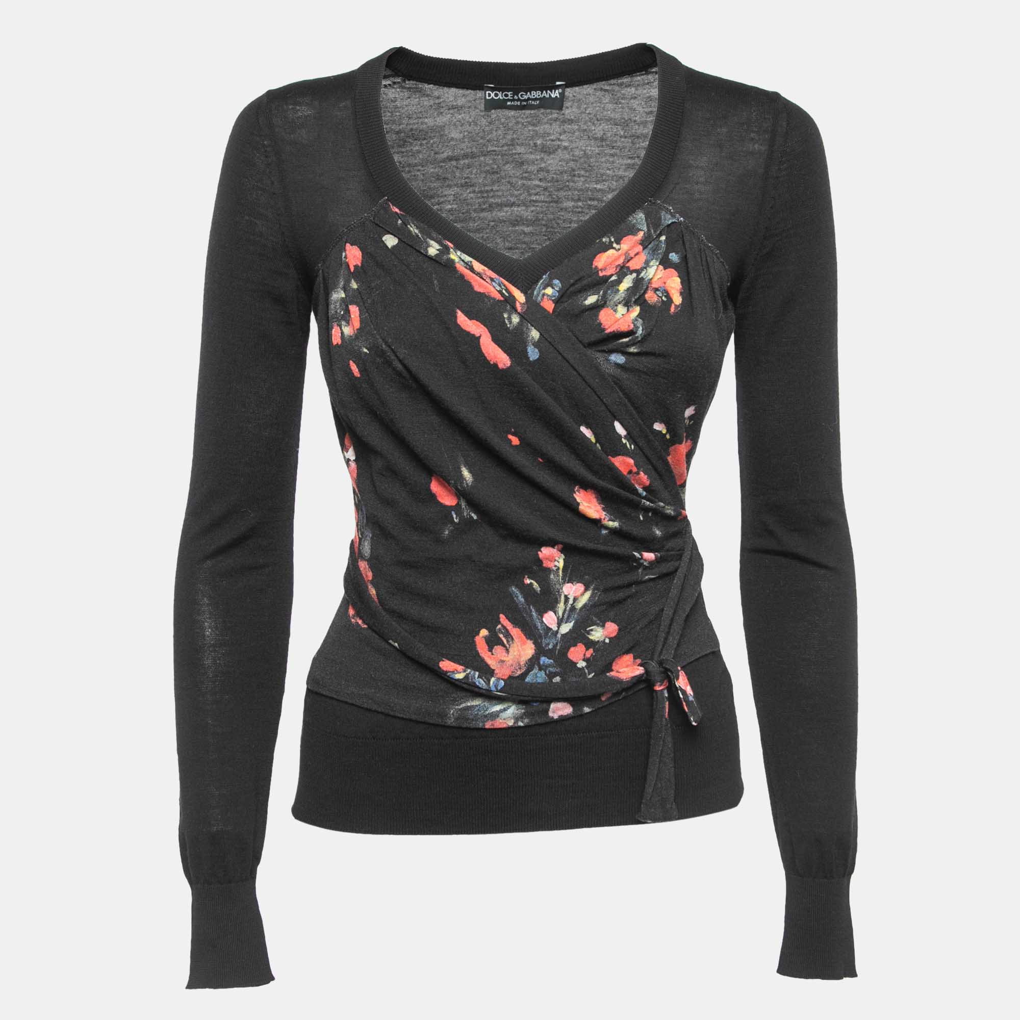 Pre Owned Dolce & Gabbana Black Floral Print Knit Draped Long Sleeve Top S