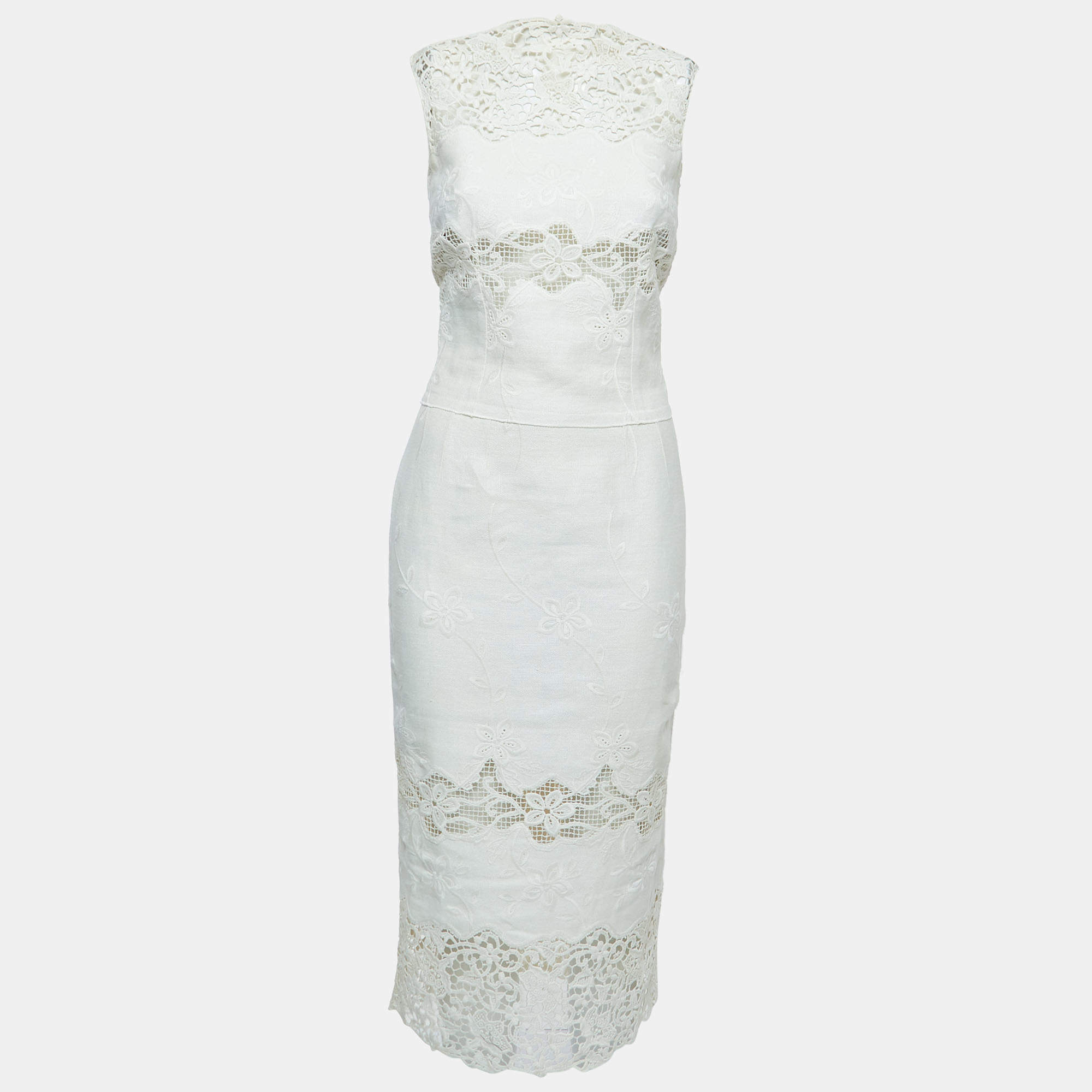 Pre Owned Dolce & Gabbana Cream Linen Blend Sheath Midi Dress XS