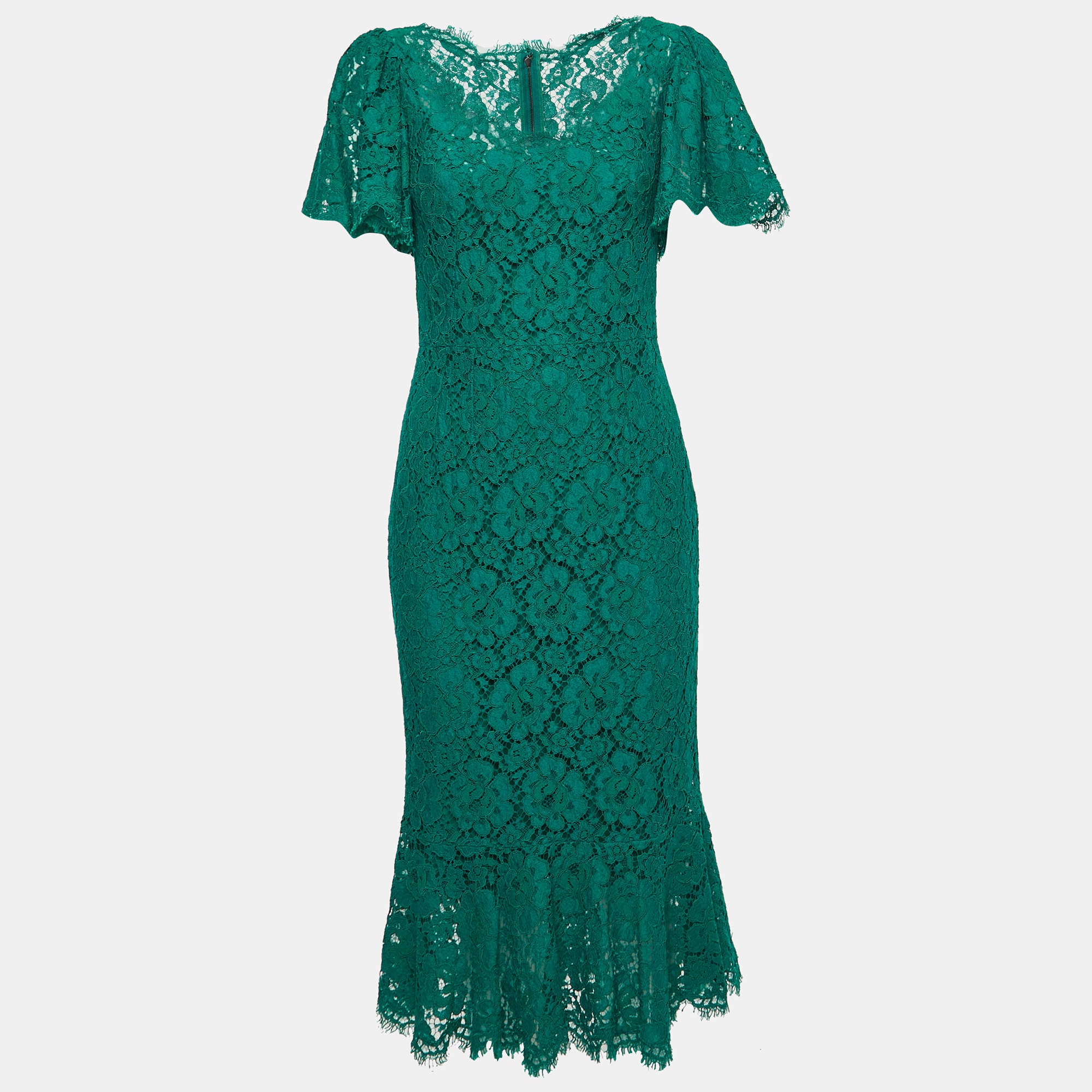 Pre Owned Dolce & Gabbana Green Lace Flutter Sleeve Midi Dress M