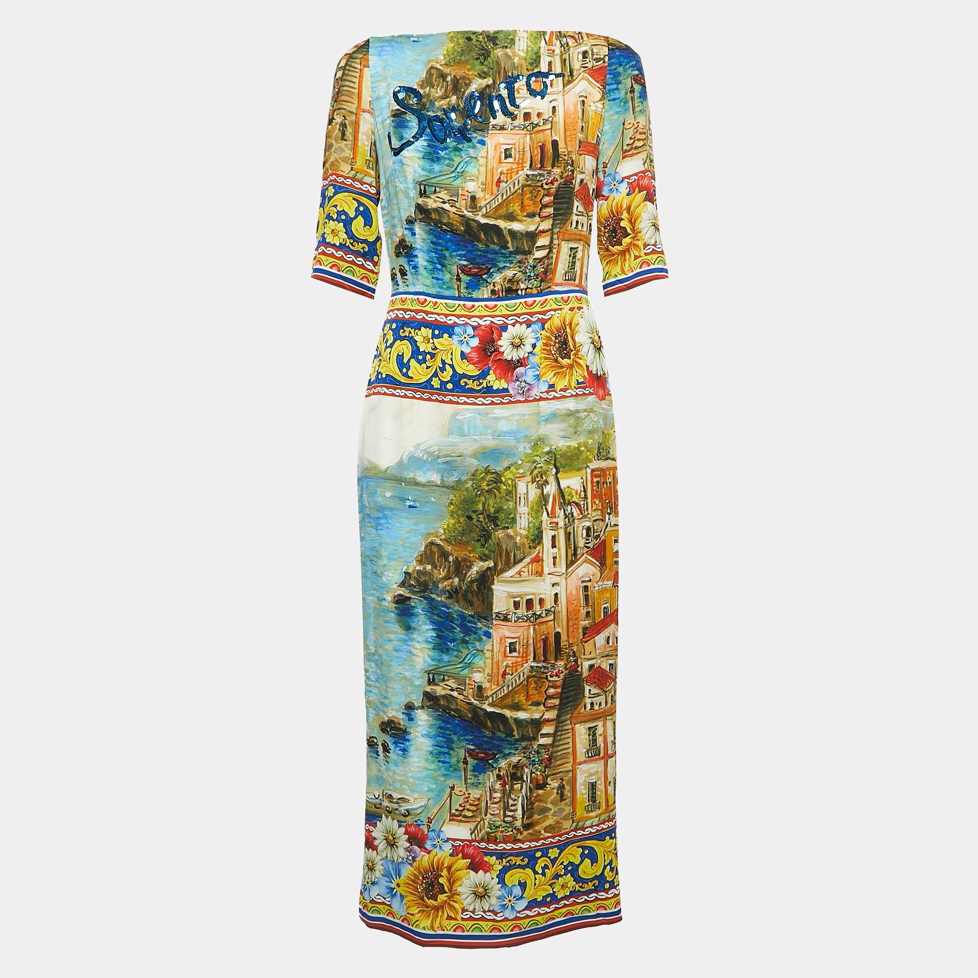 Pre Owned Dolce & Gabbana Multicolor Sorrento Print Silk Midi Dress M