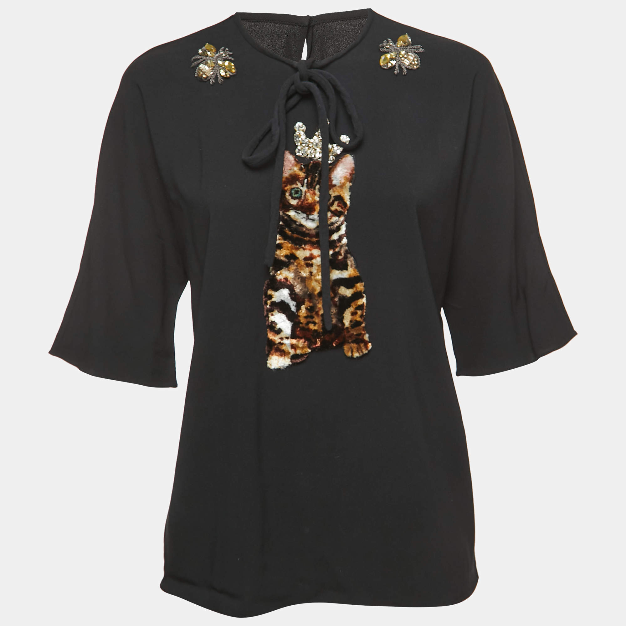 Pre Owned Dolce & Gabbana Black Crepe Embellished Cat Patch Detailed Blouse M