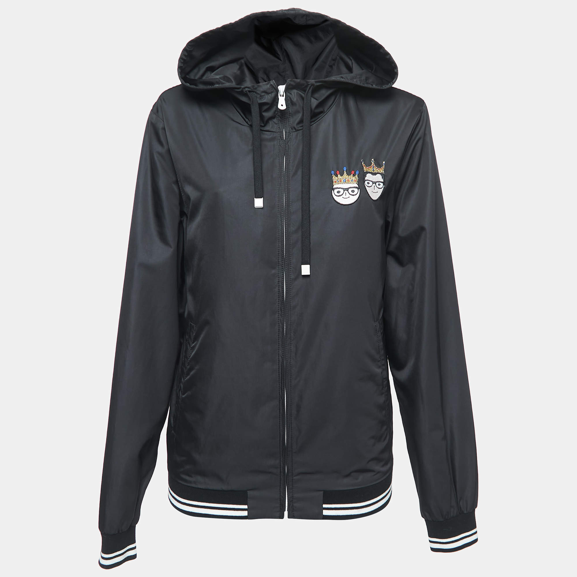 Pre Owned Dolce & Gabbana Black Synthetic Patch Detailed Zip Front Hooded Jacket L