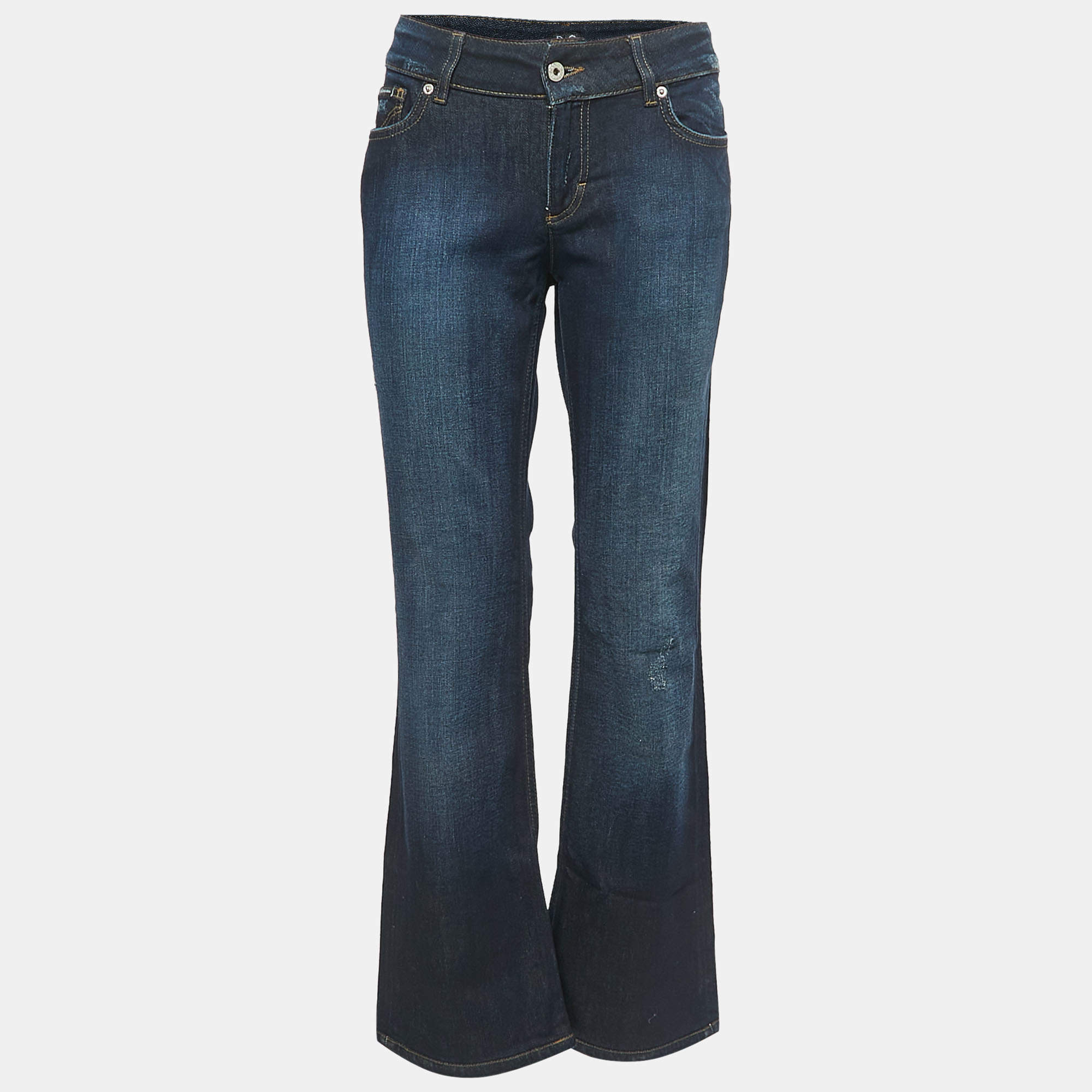 Pre Owned D&G Dark Blue Distressed Denim Very Low Rise Boot-Cut Jeans M Waist 31"