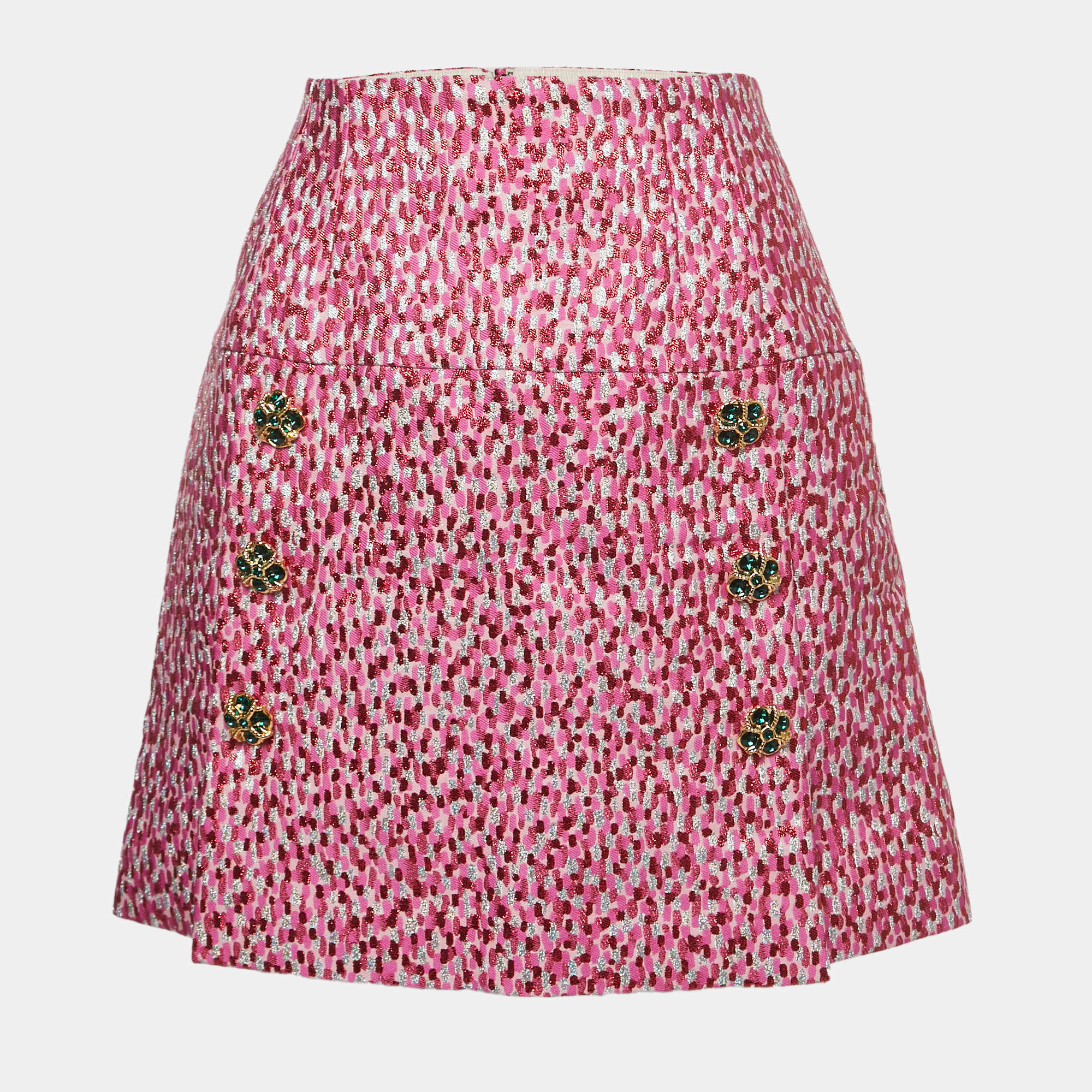 Pre Owned Dolce & Gabbana Pink Jacquard Button-Embellished Mini Skirt M