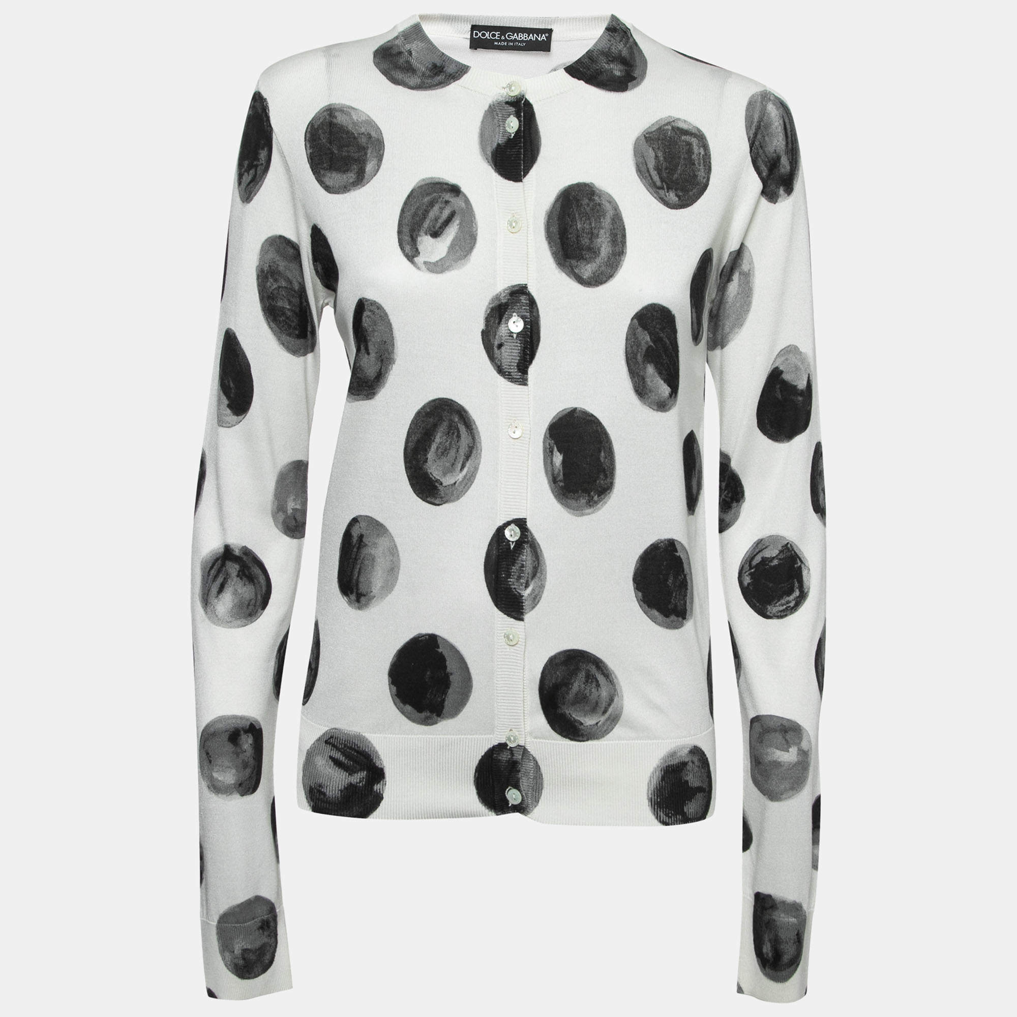 Pre Owned Dolce & Gabbana Off White Brush Stroke Printed Silk Buttoned Cardigan L