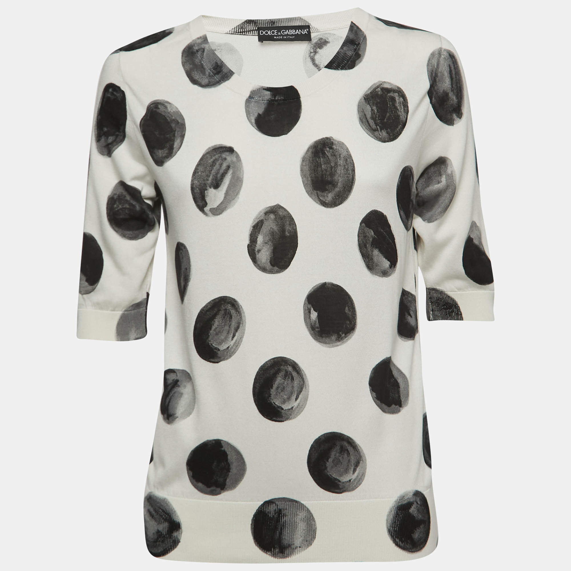 Pre Owned Dolce & Gabbana Off White Brush Stroke Dot Printed Knit Top XL