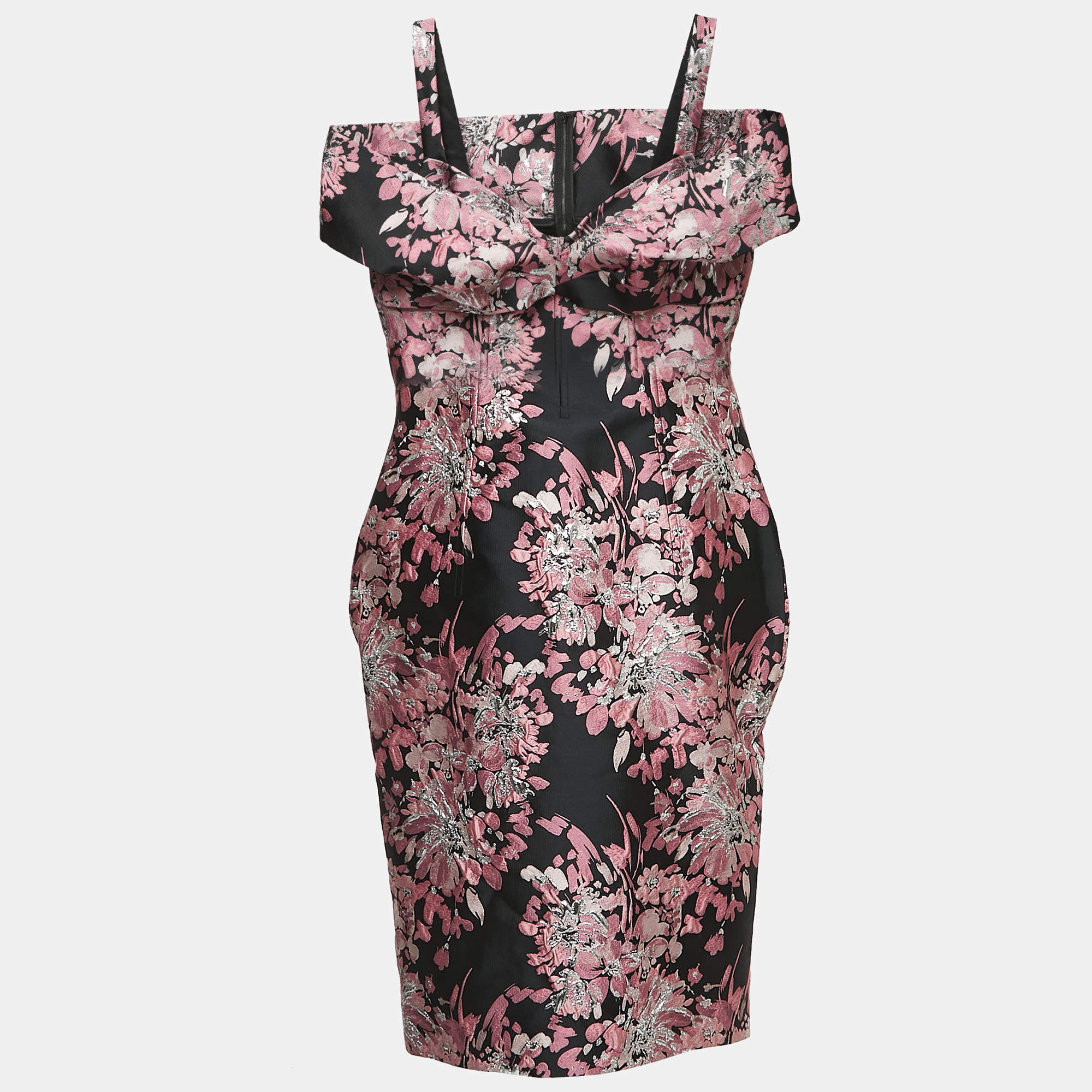Pre Owned Dolce & Gabbana Black/Pink Lurex Jacquard Off Shoulder Corseted Midi Dress XL