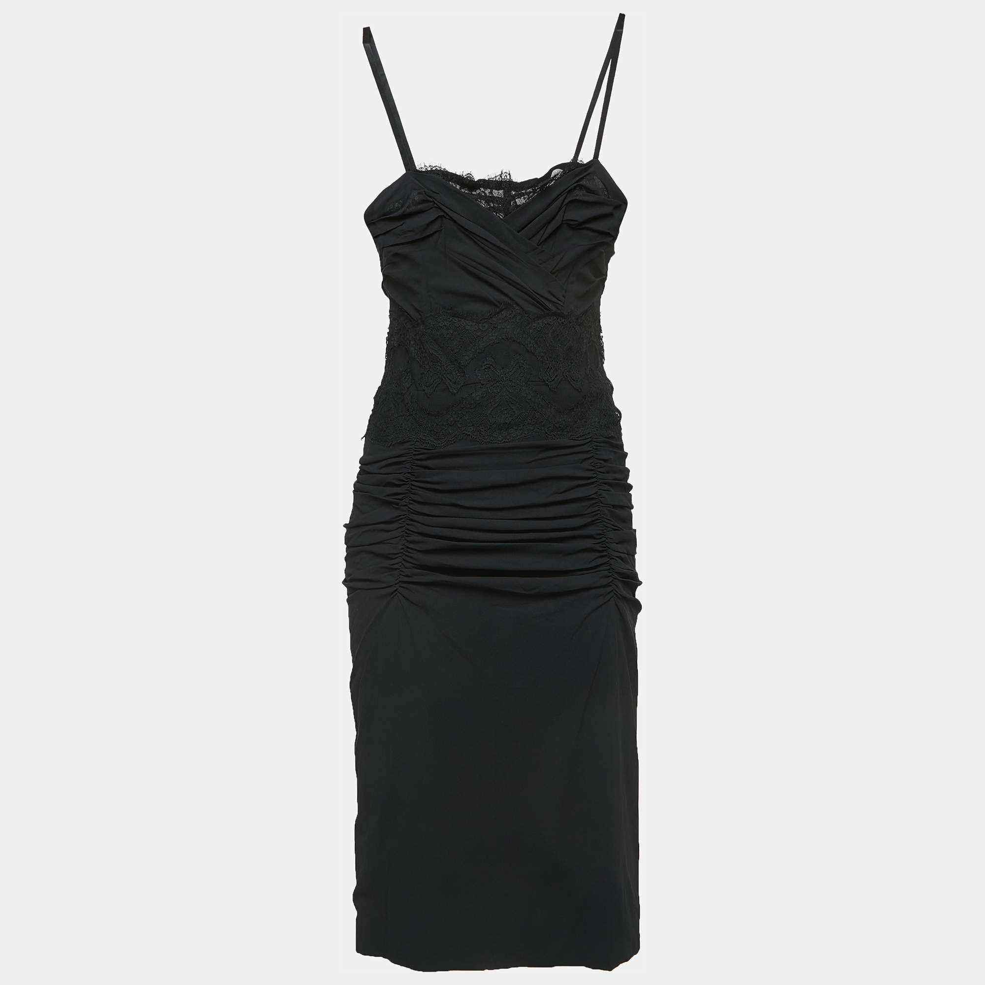 Pre Owned Dolce & Gabbana Black Lace & Silk Ruched Bustier Dress S