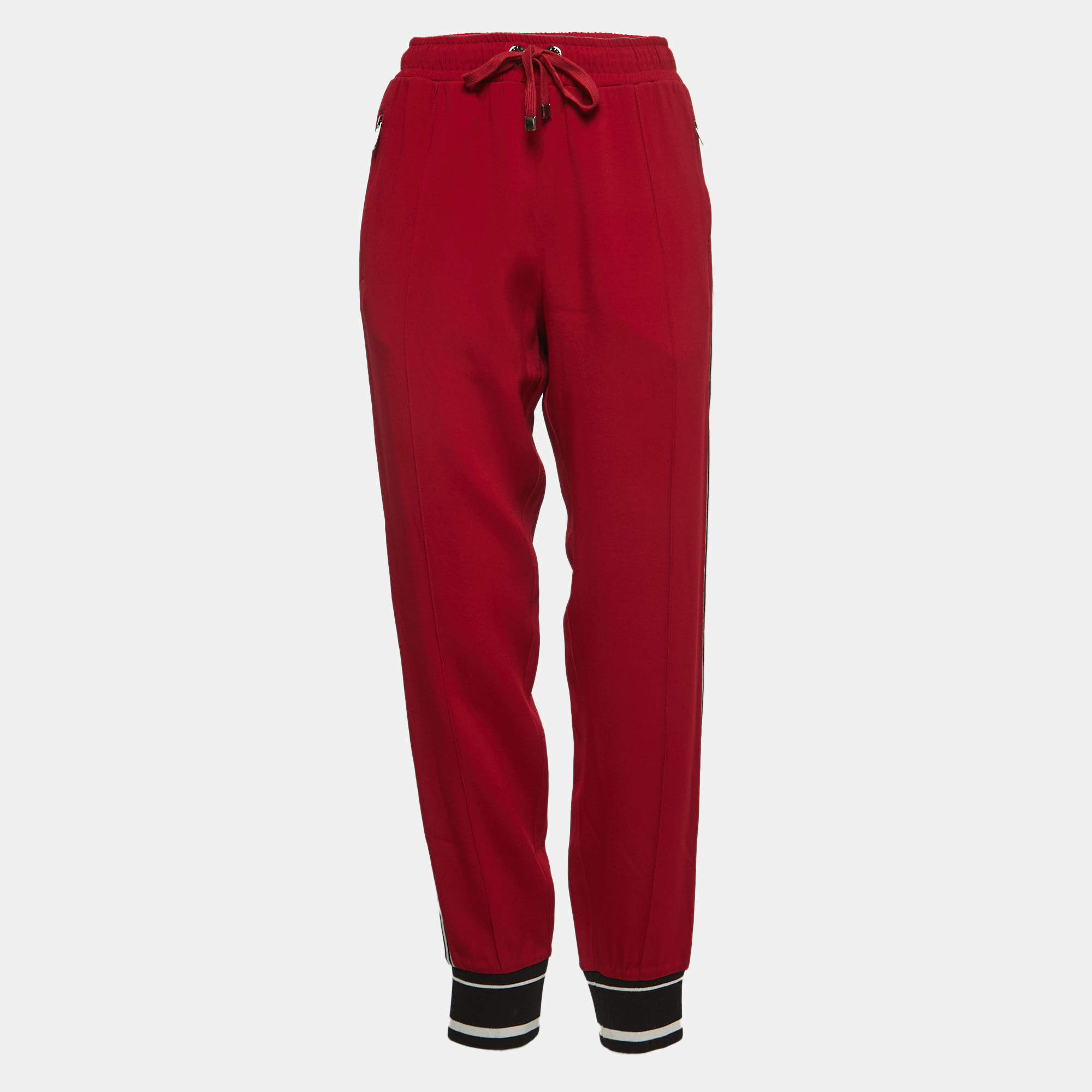 Pre Owned Dolce & Gabbana Red Crepe Logo Trimmed Drawstring Joggers M