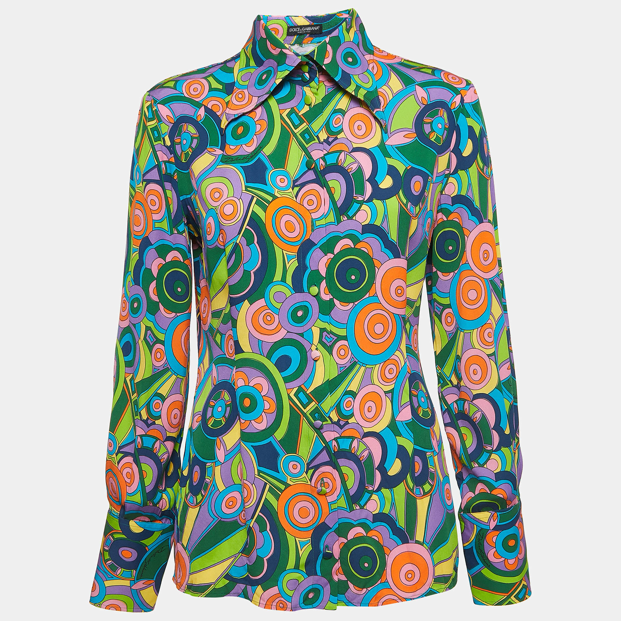 Pre Owned Dolce & Gabbana Multicolor Geometric Print Silk Button Front Shirt Blouse M