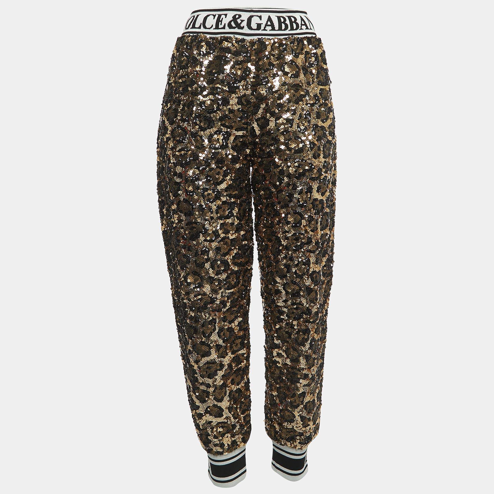 Pre Owned Dolce & Gabbana Gold/Black Sequined Logo Detailed Drawstring Joggers M