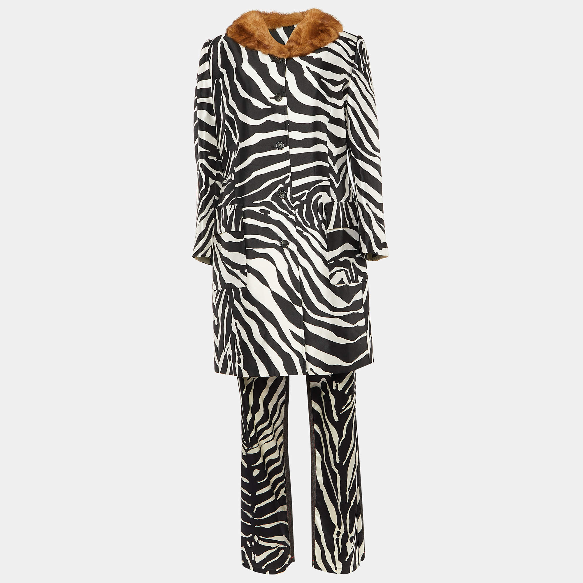 Dolce & Gabbana Black & White Zebra Printed Silk Satin Coat & Pants L/S