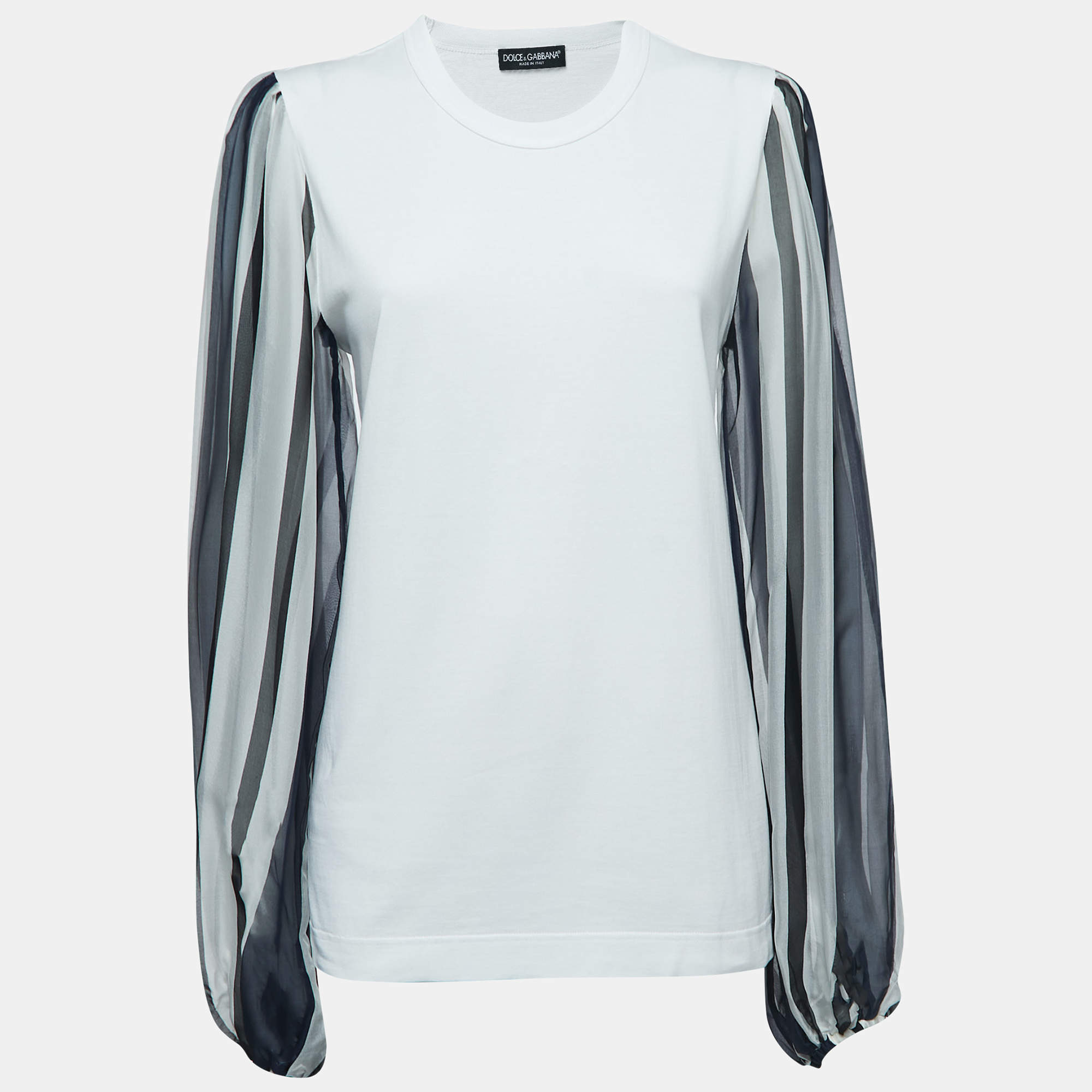Pre Owned Dolce & Gabbana White Cotton Striped Silk Balloon Sleeve Top S