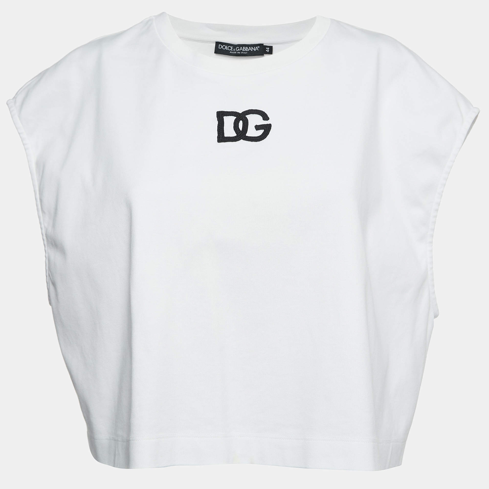 Pre Owned Dolce & Gabbana White Logo Embroidered Cotton Sleeveless Cropped T-Shirt M