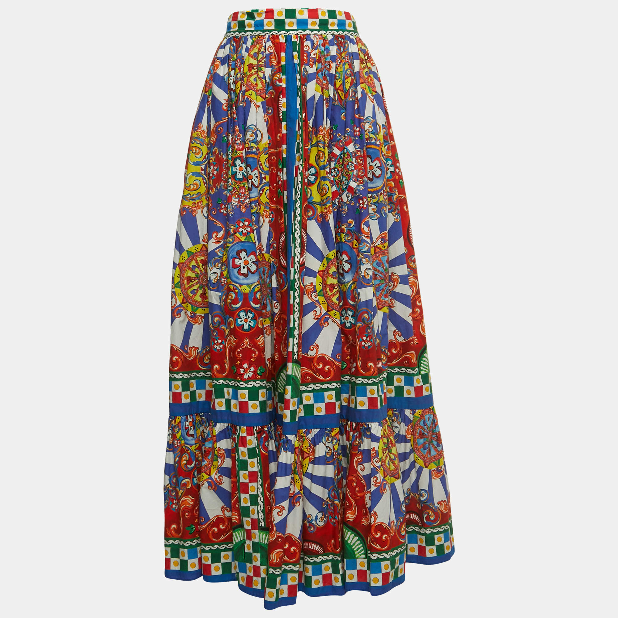 Pre Owned Dolce & Gabbana Multicolor Carreto Print Cotton Maxi Skirt L
