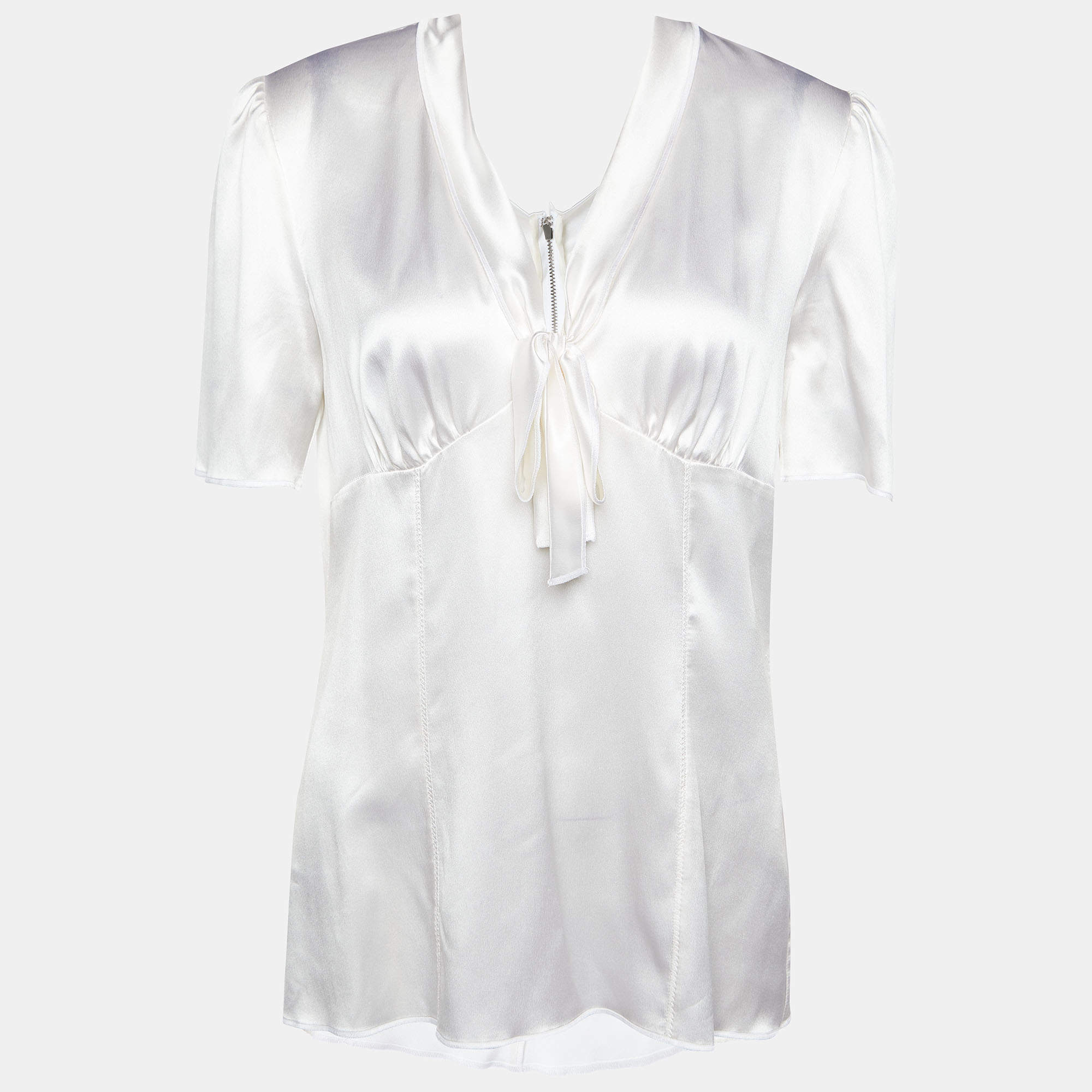 Pre Owned Dolce & Gabbana White Silk Satin Bow Detail Top L