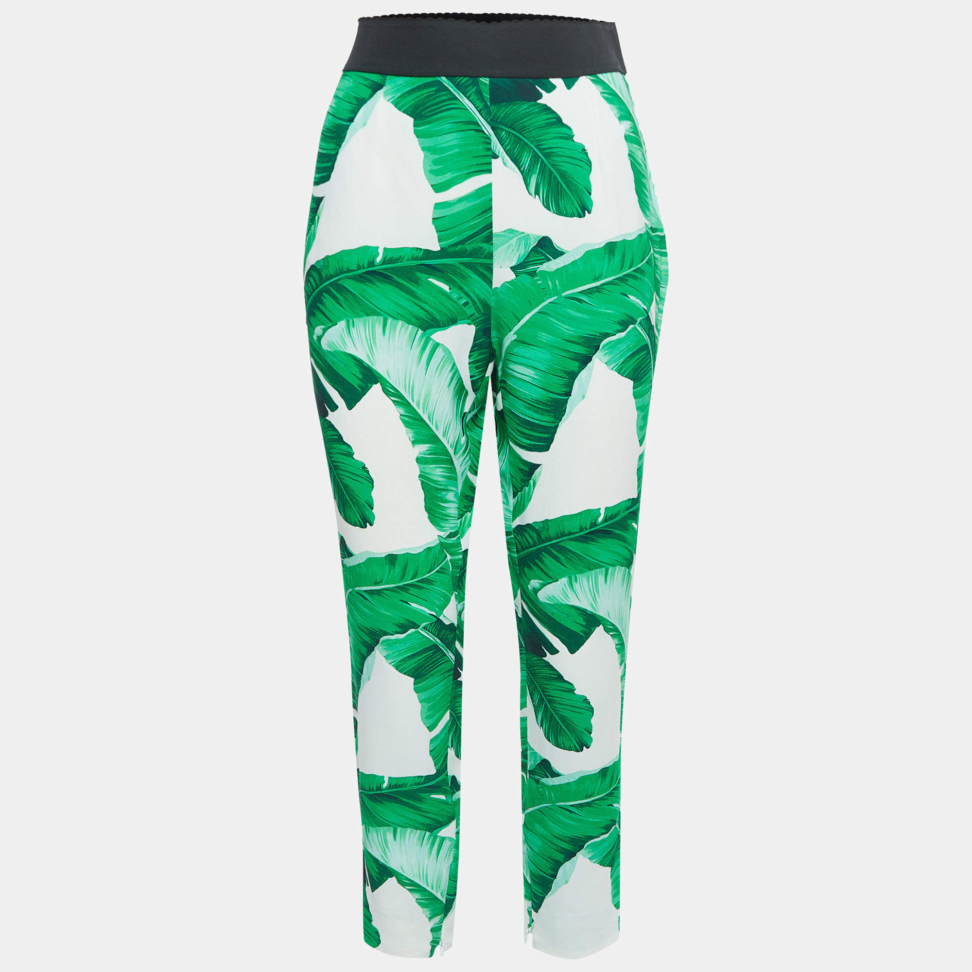 Pre Owned Dolce & Gabbana White Leaves Print Crepe Pants M