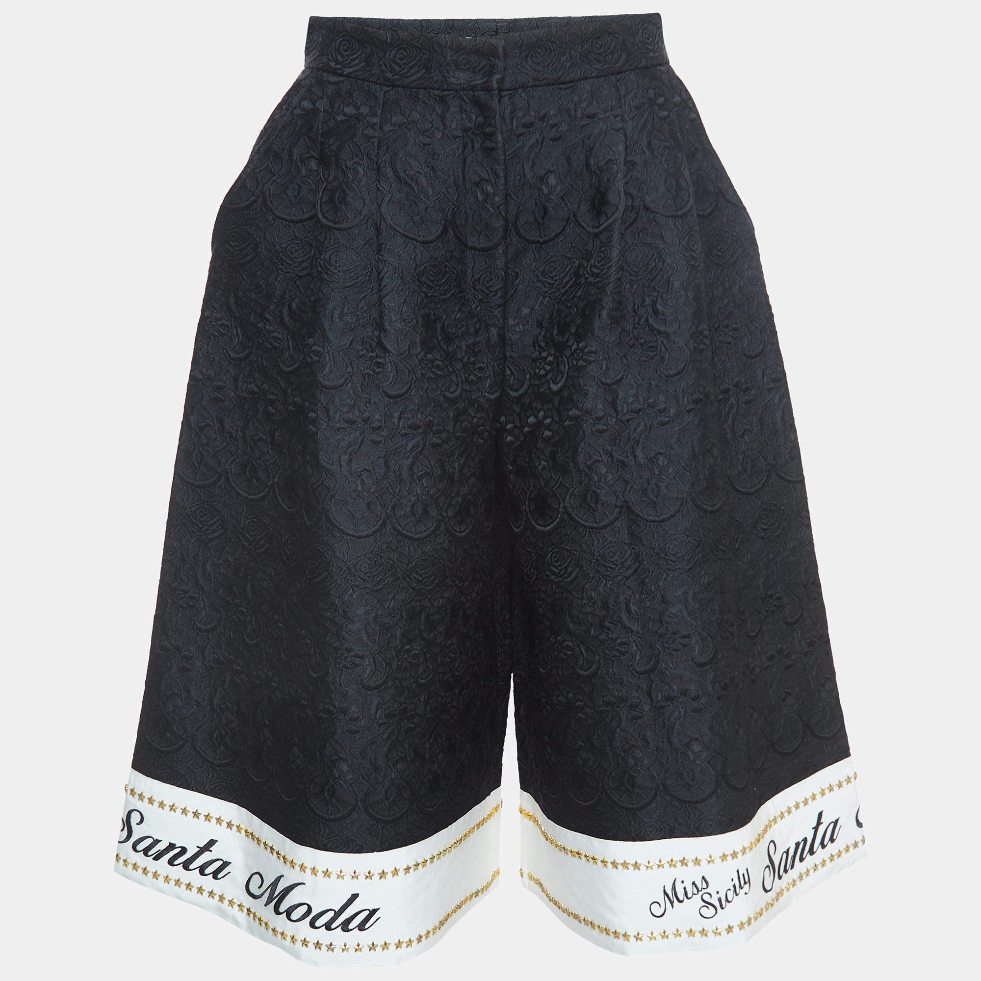 Pre Owned Dolce & Gabbana Black jacquard Logo Patterned Star Studded Culottes M