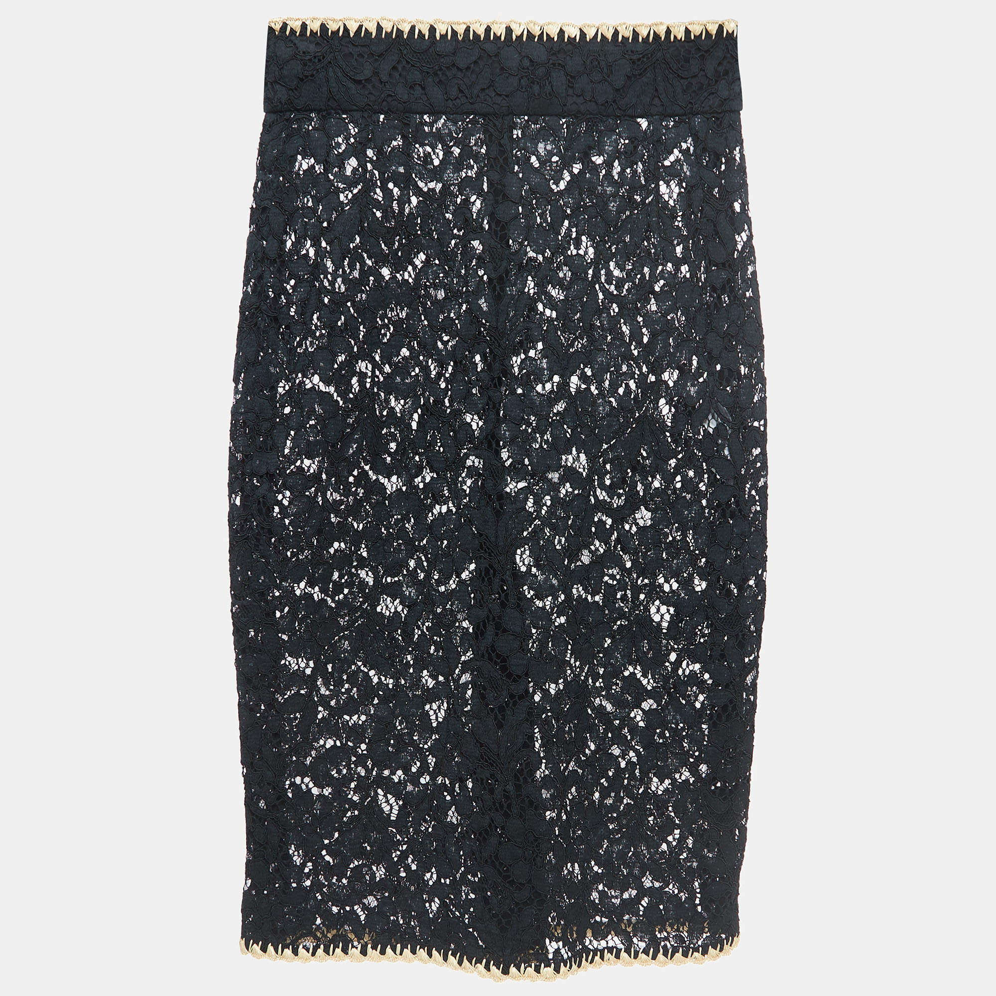 Pre Owned Dolce & Gabbana Black Floral Lace Raffia Trimmed Midi Skirt M