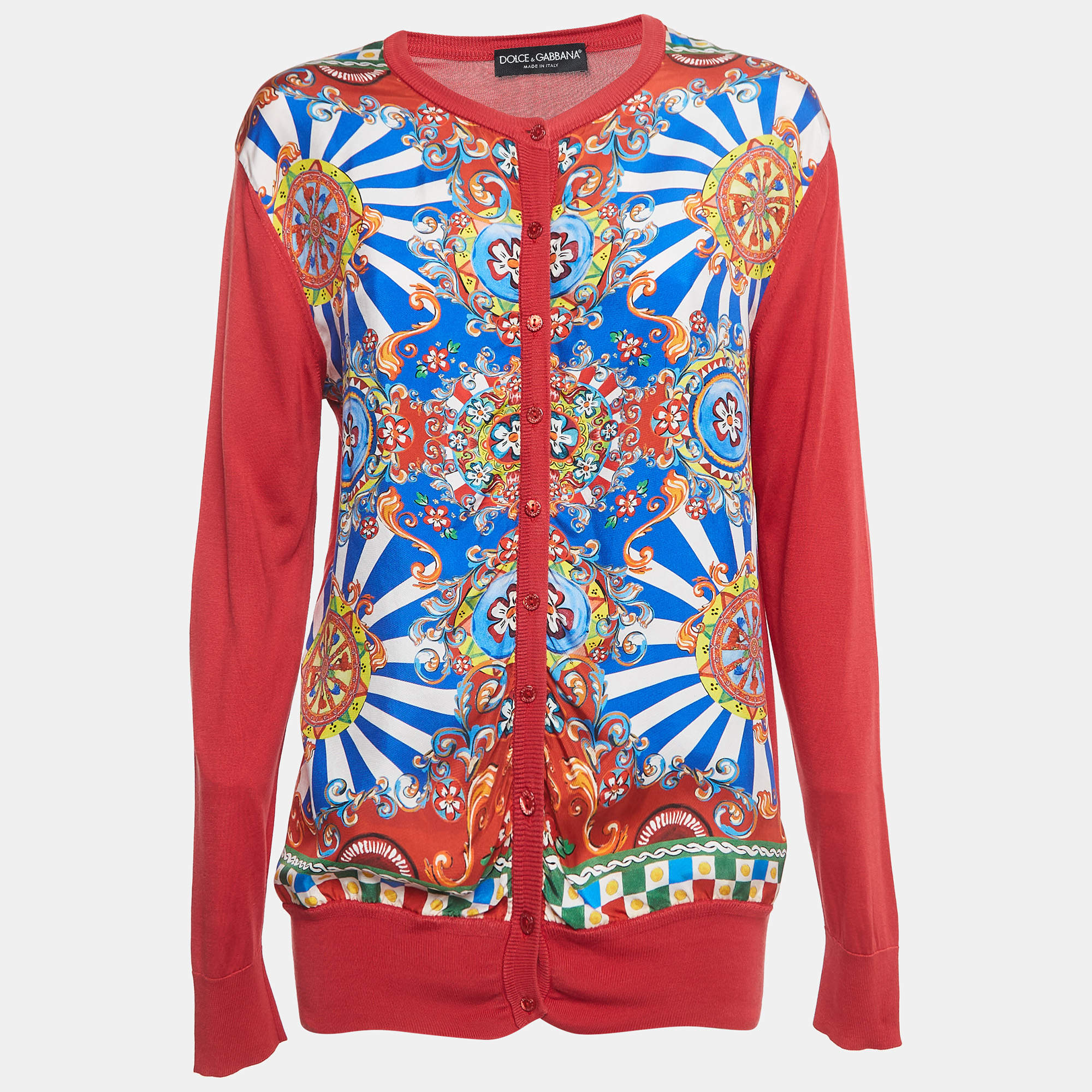 Dolce & Gabbana Red Carretto Print Silk Knit Button Front Cardigan M