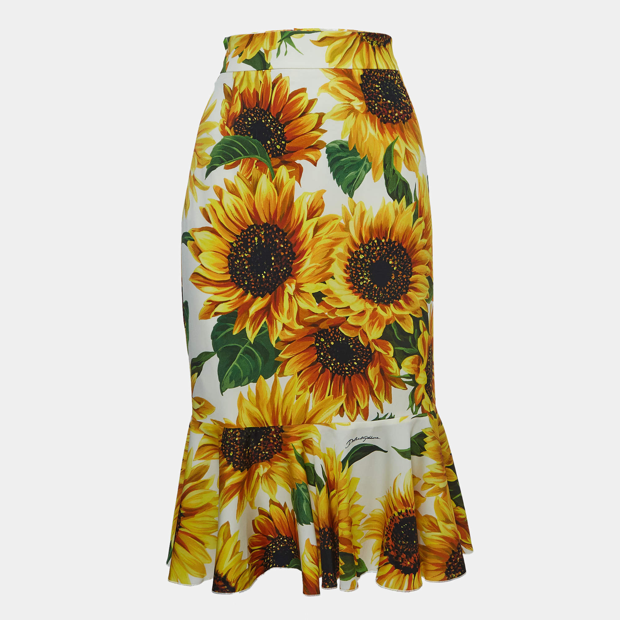 Pre Owned Dolce & Gabbana White/Yellow Sunflower Printed Silk Skirt 2XL