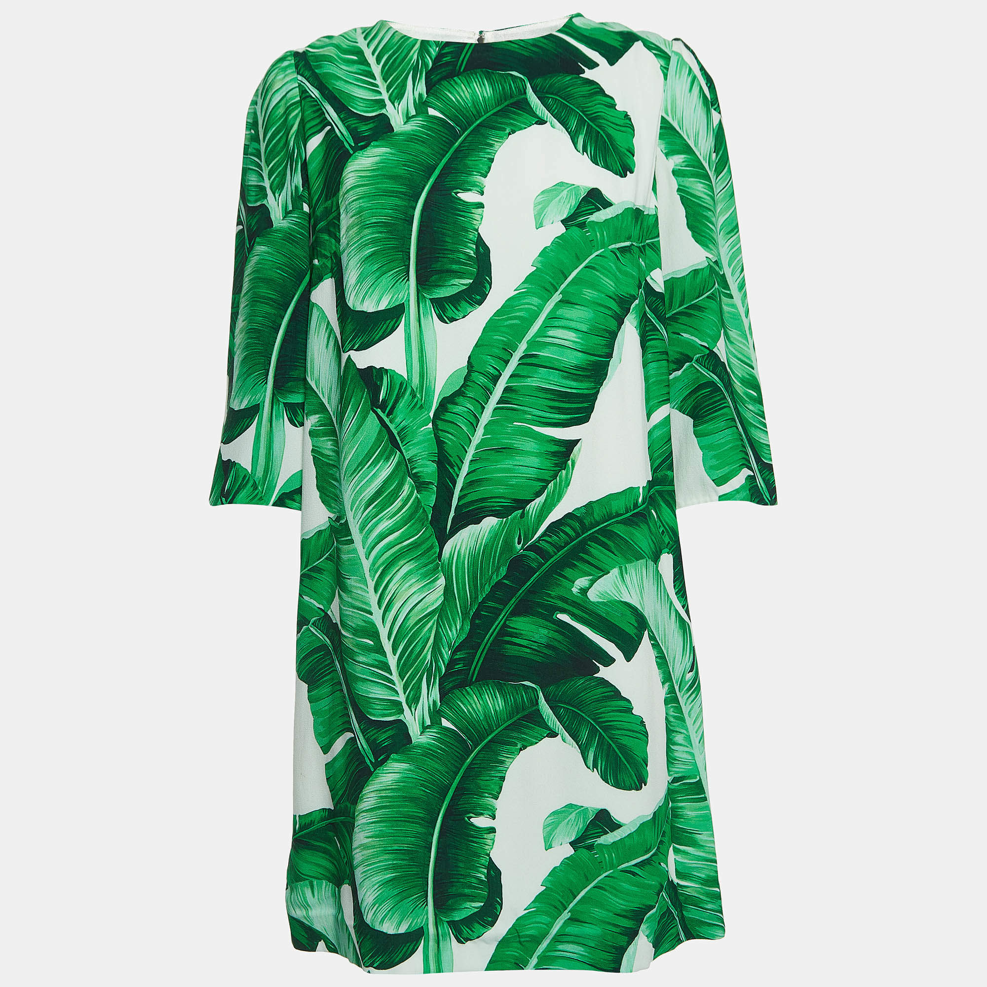 Pre Owned Dolce & Gabbana Green Leaf Printed Crepe Mini Dress L