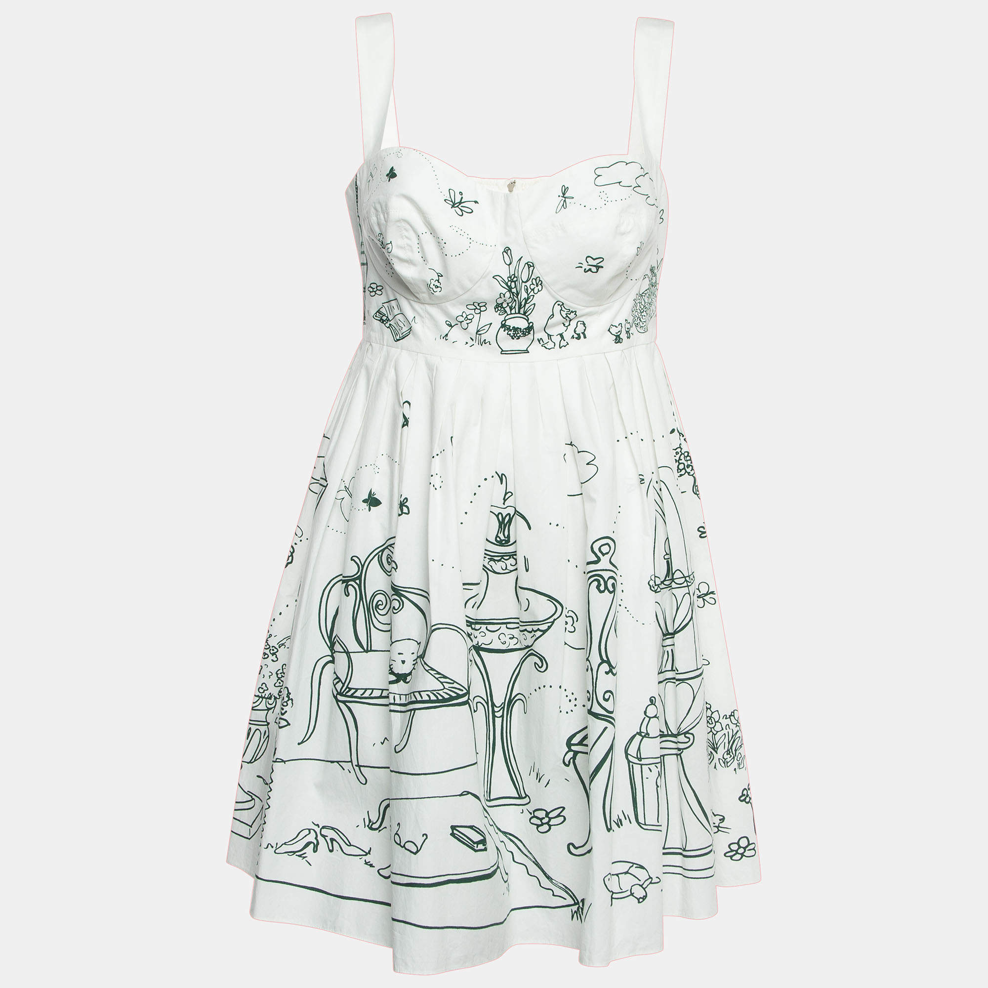 Pre Owned Dolce & Gabbana White/Green Printed Cotton Mini Dress L