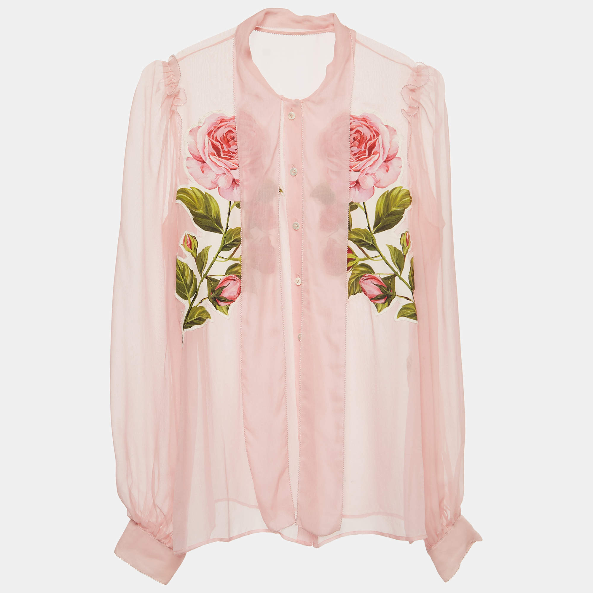 Pre Owned Dolce & Gabbana Pink Silk Floral Appliqued Sheer Blouse M