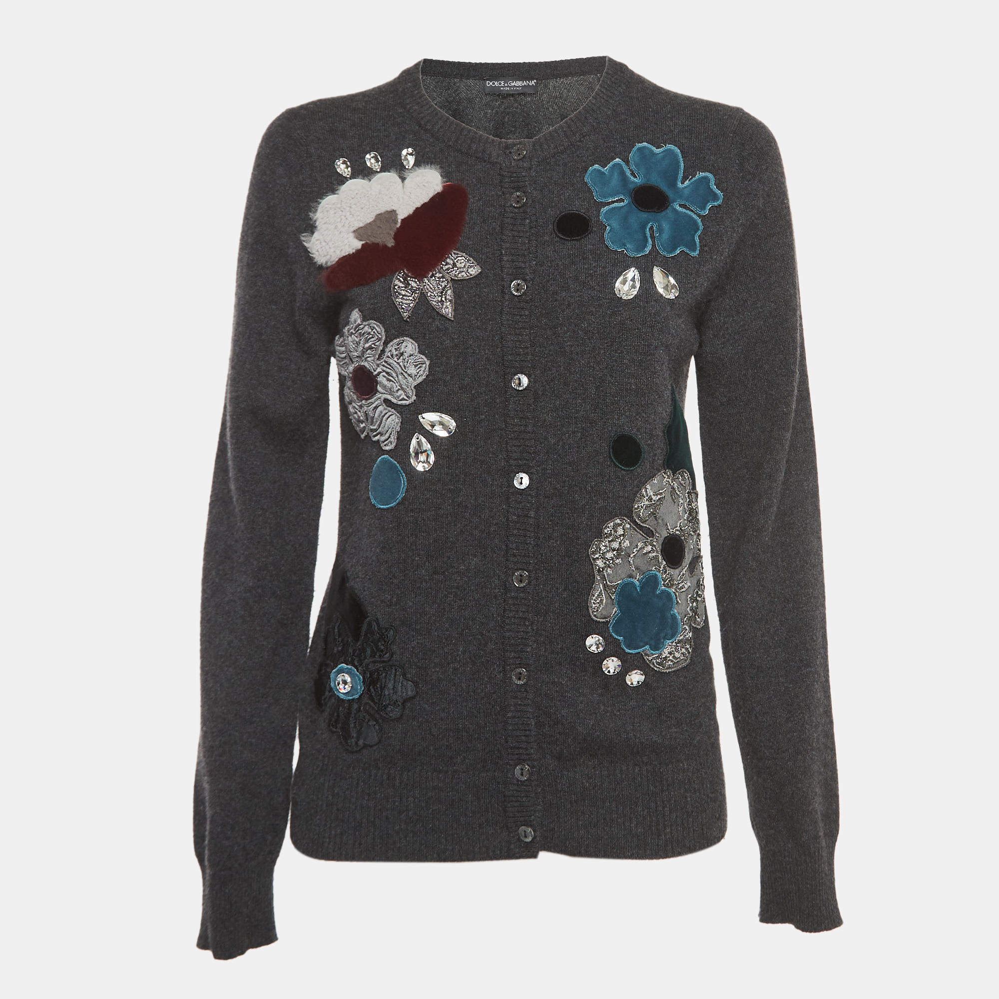 Pre Owned Dolce & Gabbana Grey Floral Applique Cashmere Cardigan M