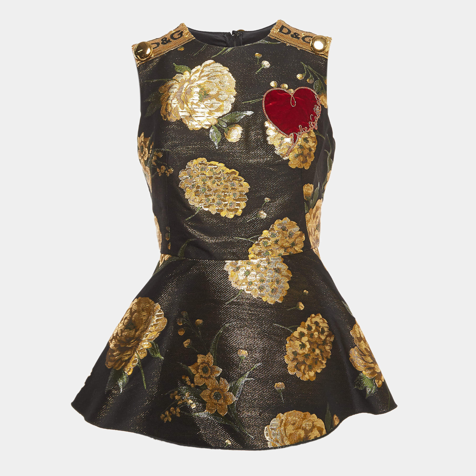 Pre Owned Dolce & Gabbana Black/Metallic Floral Jacquard Peplum Top S