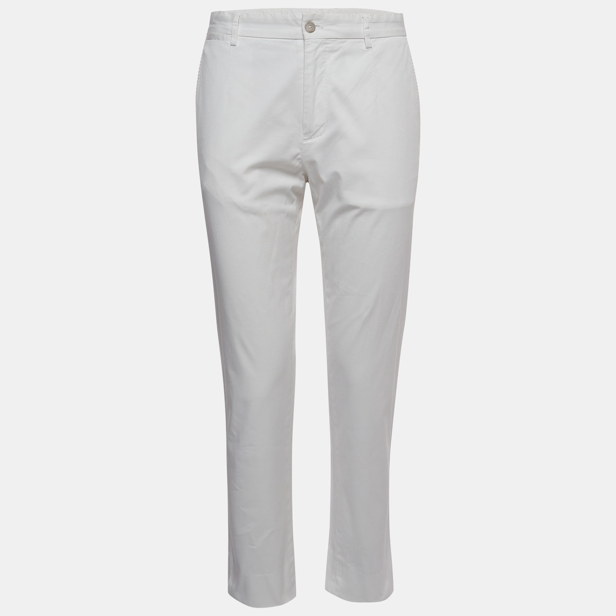 Pre Owned Dolce & Gabbana White Cotton Straight Fit Trousers L