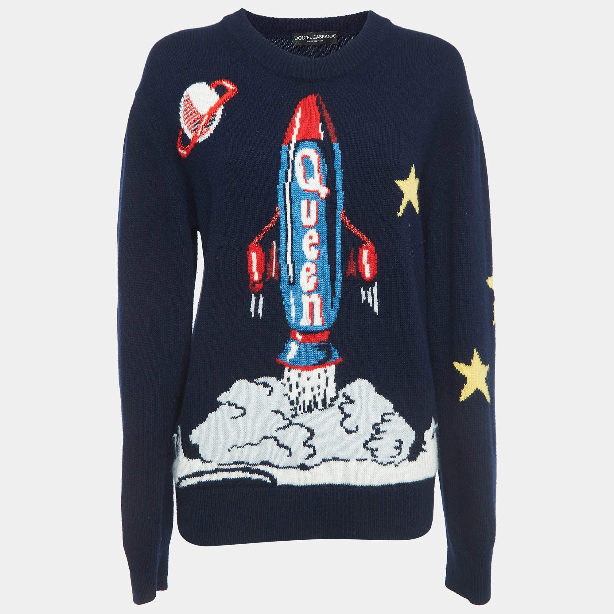 Pre Owned Dolce & Gabbana Navy Blue Spaceship Wool Sweater M