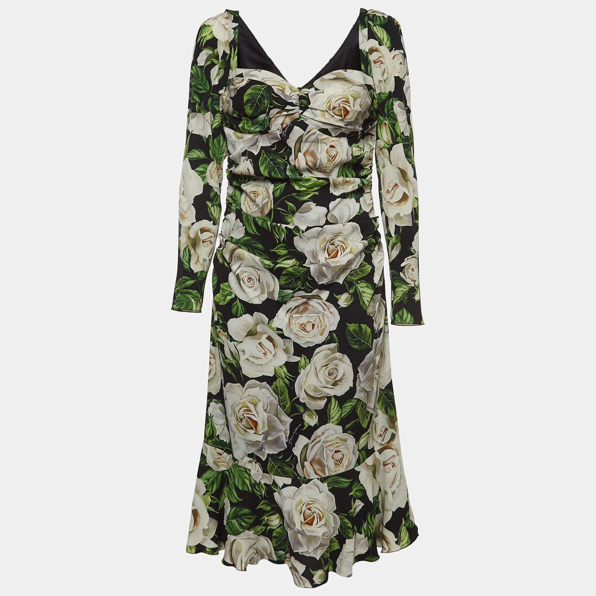 Dolce & Gabbana Black Floral Printed Stretch Crepe Midi Dress L