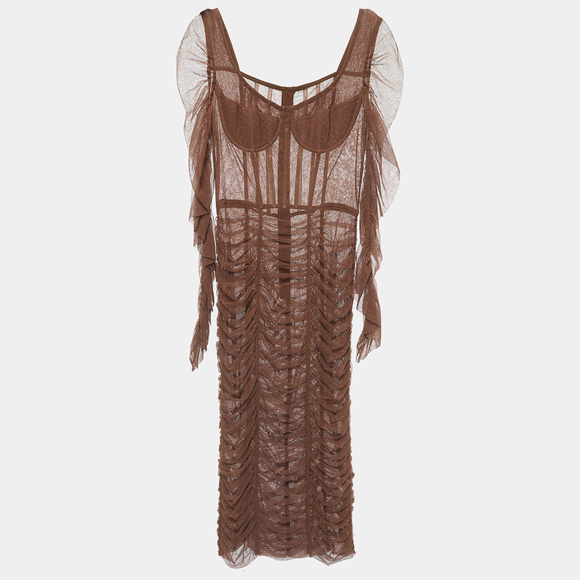 Pre Owned Dolce & Gabbana Brown Tulle Ruched Long Dress L