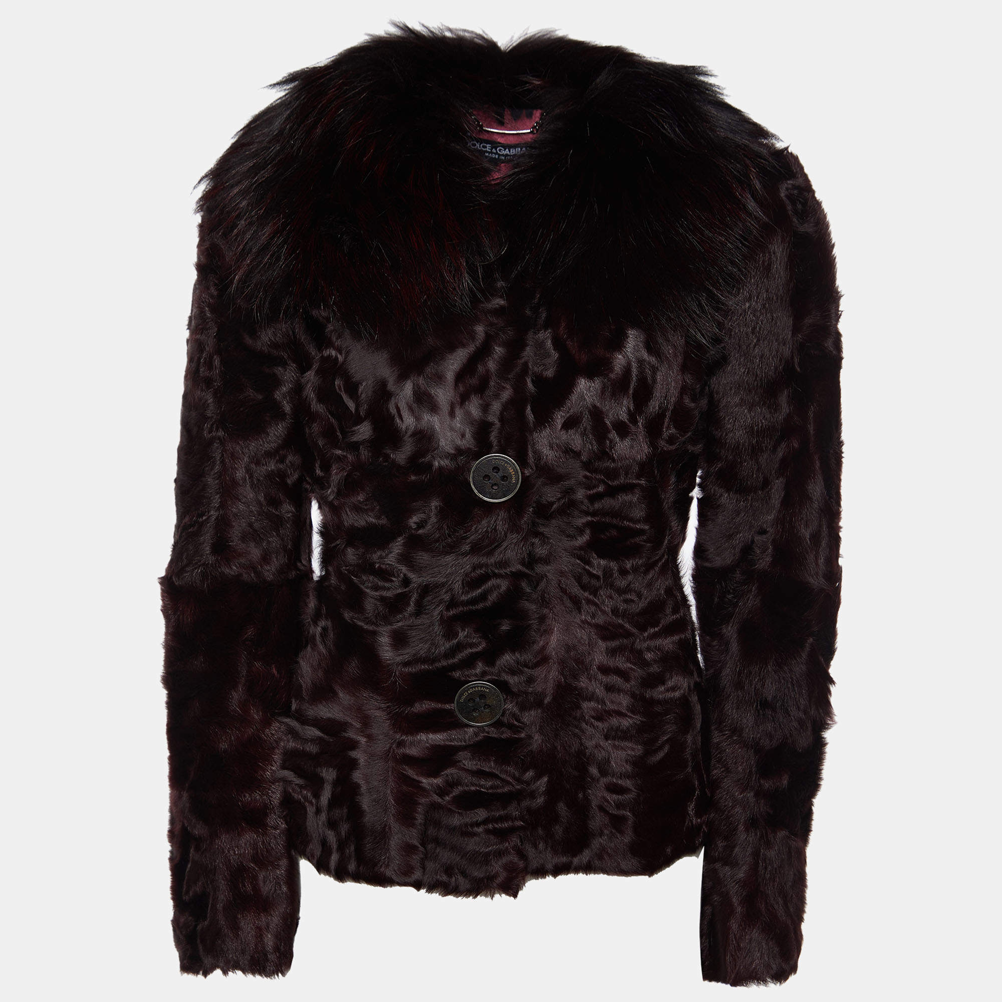 Pre Owned Dolce & Gabbana Maroon Fur & Leather Button Front Jacket M